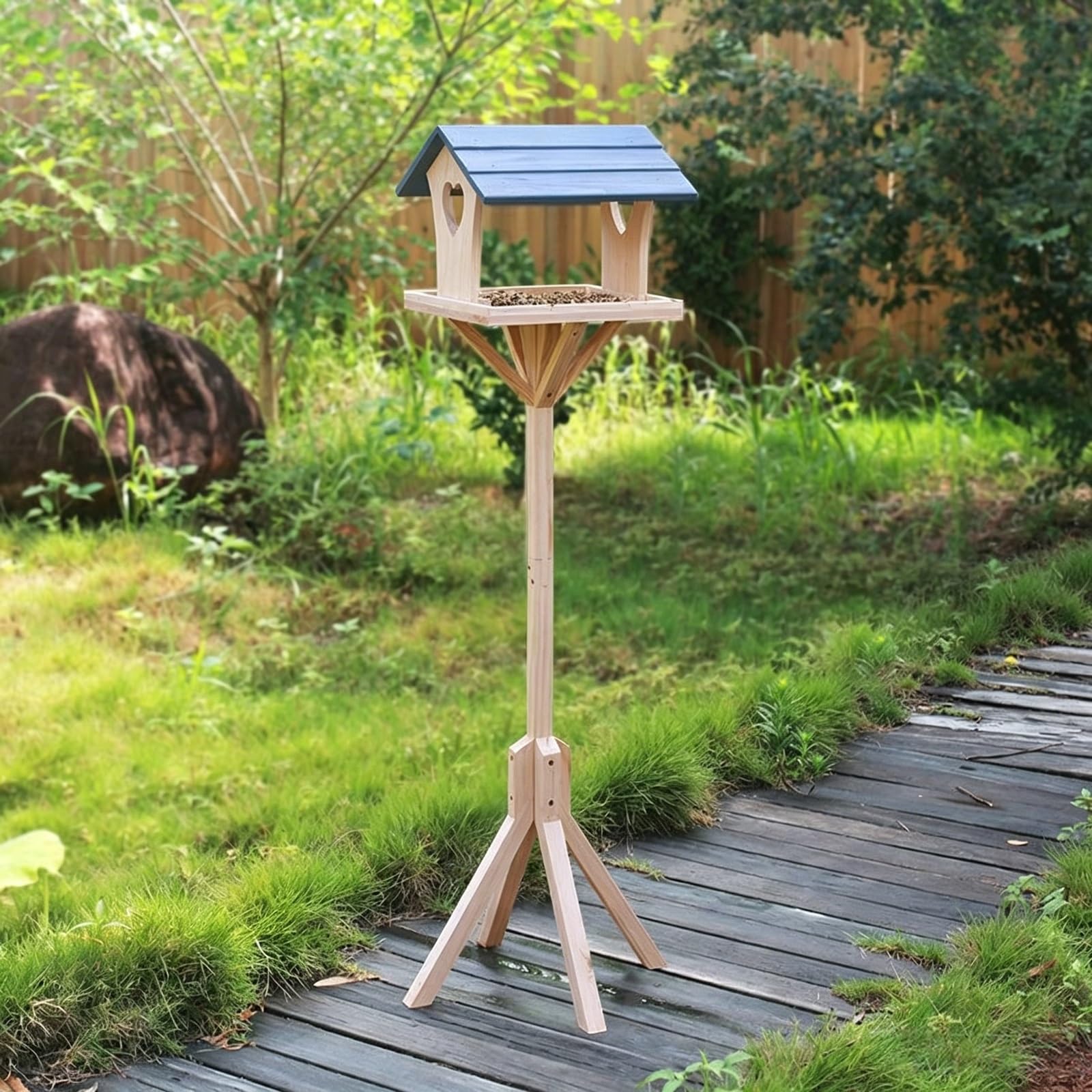 Comedero Pajaros Exterior, Comederos para Aves Silvestres, con Soporte, Madera de Pino, Fácil Montaje, para Jardín, Balcón o Terraza