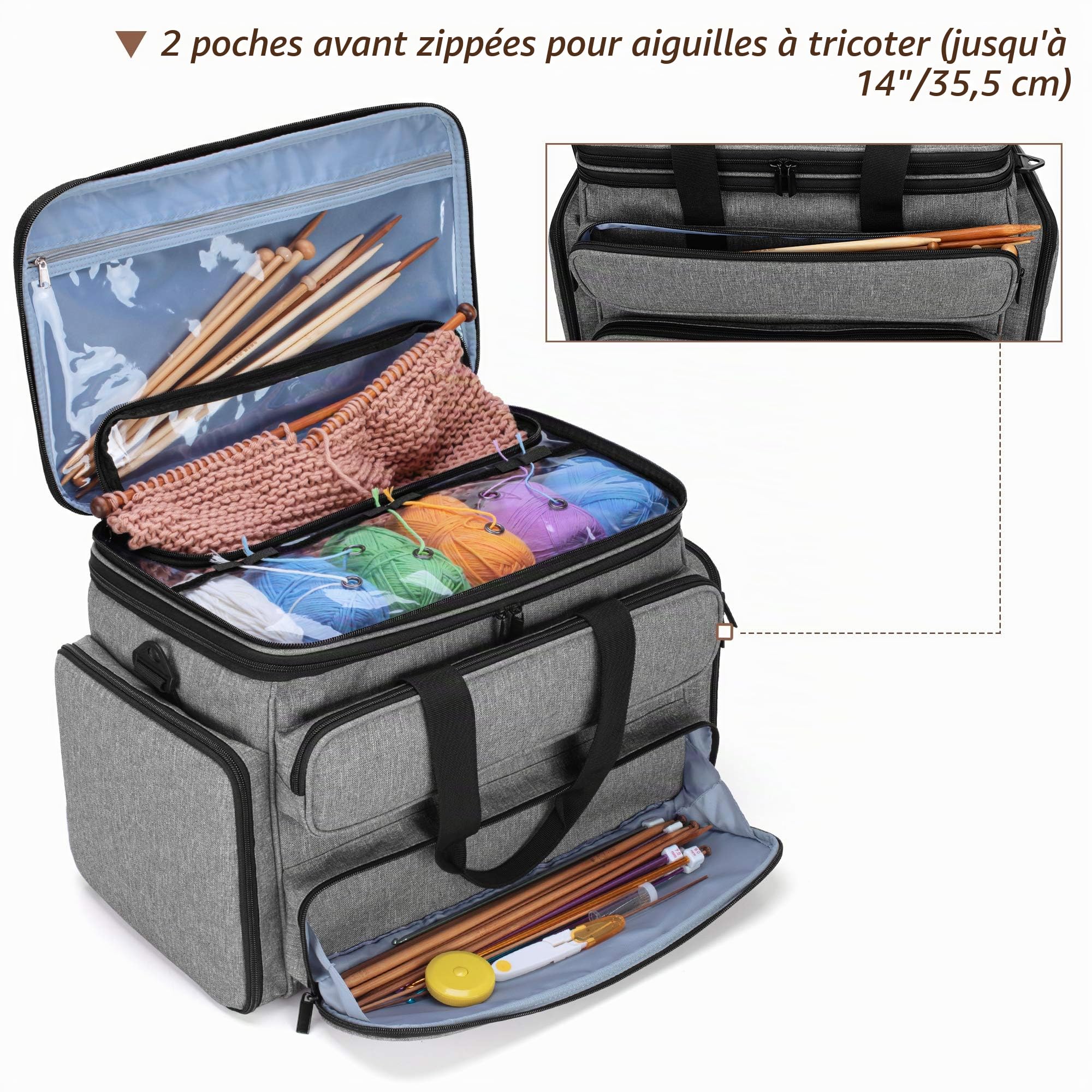 Yarwo Sac à Tricoter, Sac pour Pelotes de Laine, Aiguille a Tricoter, Fil de Laine, Organisateur avec Couverture Supérieure Double et Multiples Poches pour Accessoires Tricot et Crochet, Gris | Organisateur avec couverture supérieure double et multiples p