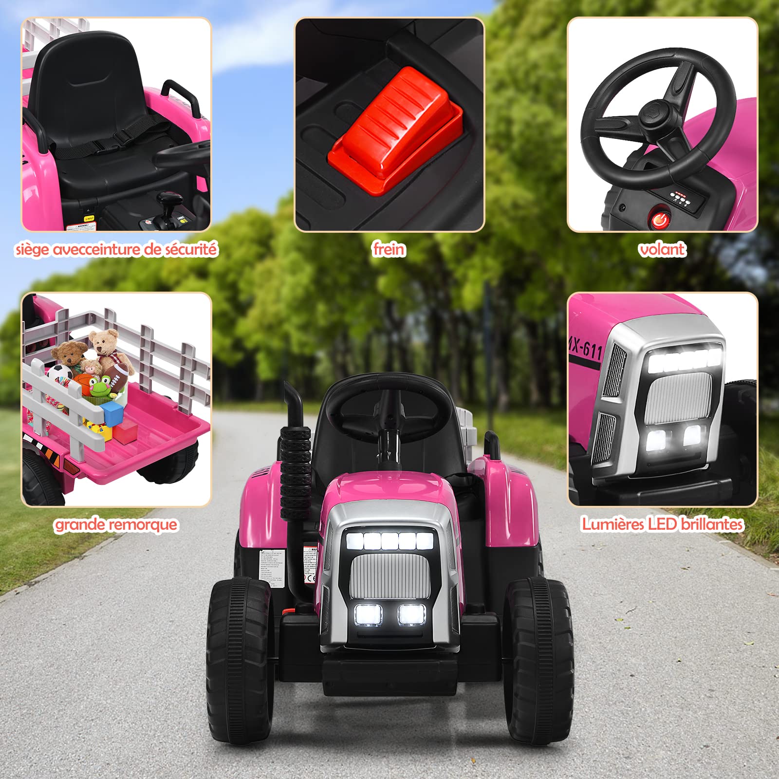 GOPLUS Tracteur Electrique Enfants avec Remorque 12V, Phare à LED et Musique, Voiture Electrique Enfants avec Télécommande Parental pour Enfants 3 Ans+, Charge Max 30KG(Rose)
