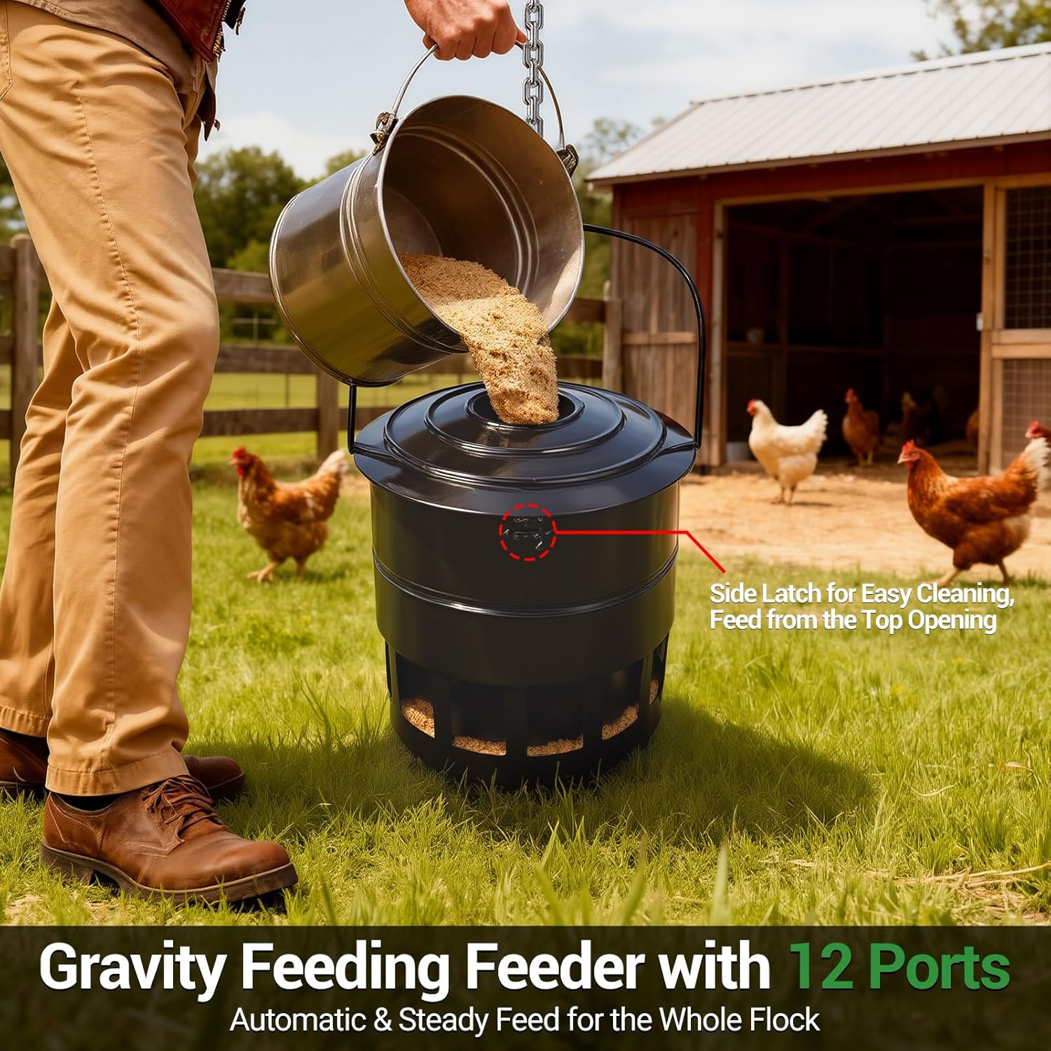 Metal Hanging Chicken Feeder No Waste, Rain-Proof Automatic Chicken Feeders, No-Spill Poultry Feeder, Rat Proof Gravity Chicken Feeder with 12 Ports for Farm & Backyard Chicken Coop