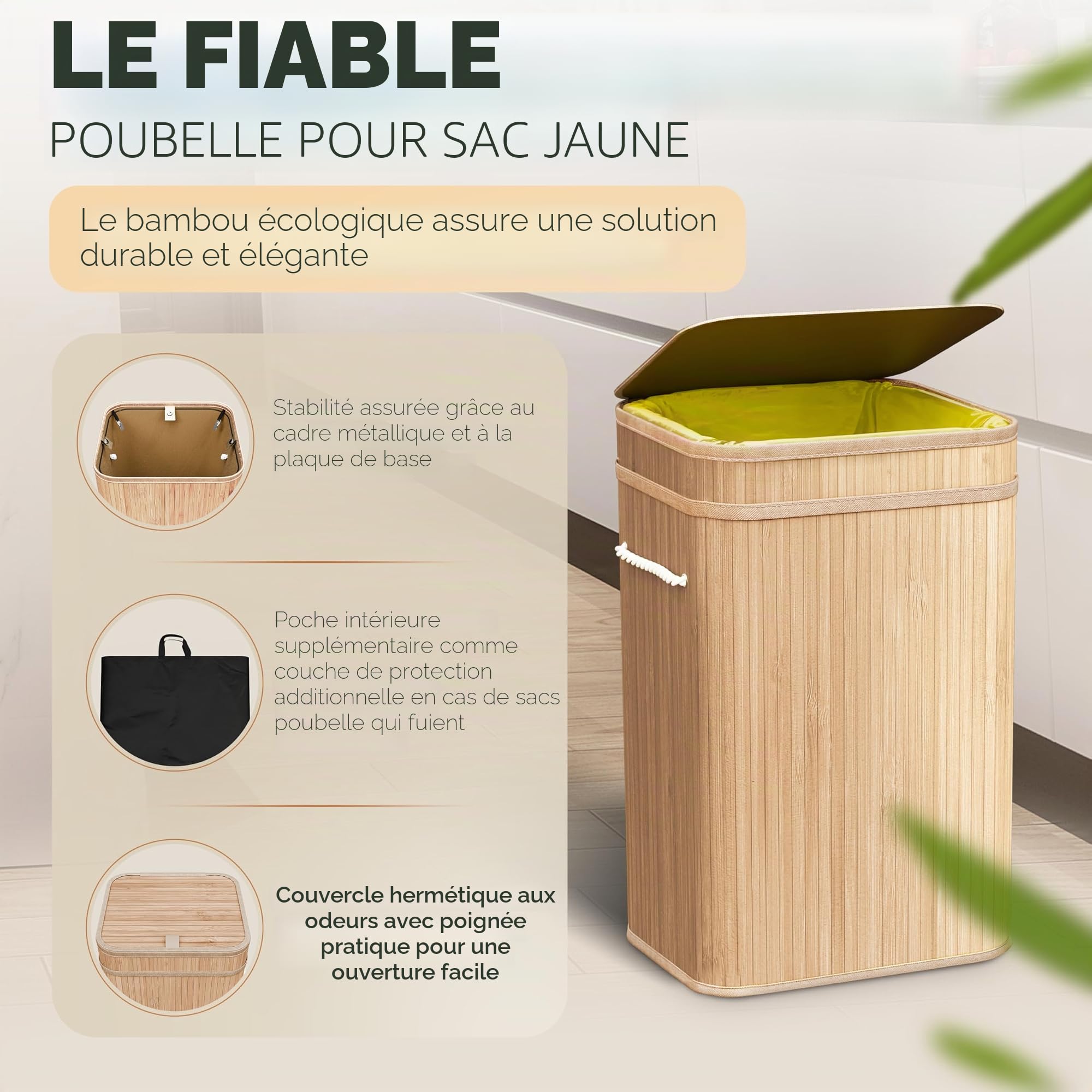 COTTARA Support de sac poubelle jaune avec couvercle - Support pour sacs poubelle en bambou - Avec sac intérieur lavable - Système de déchets de 60 à 120 l - Double maintien renforcé