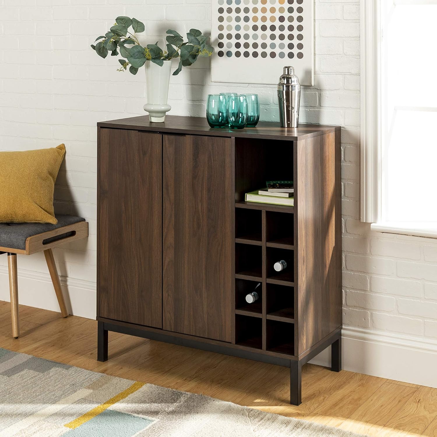 Walker Edison Mid-Century Modern Wood Kitchen Buffet Sideboard-Entryway Serving Storage Cabinet Doors-Dining Room Console, 34 Inch, Dark Walnut