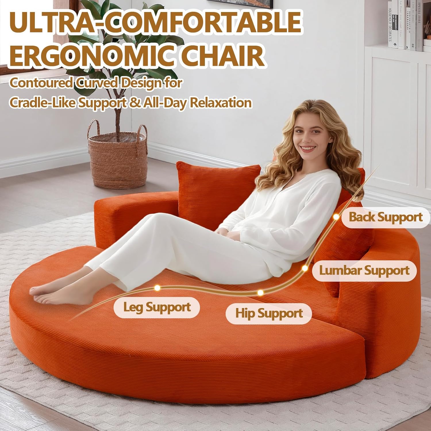HRVEOCEI 67'' Circular Convertible Compressed Sofa Bed, Orange Corduroy Floor Lounge Round Boneless Couch, Loveseat Sleeper Sofa Couch with 3 Cushions, No Assembly for Apartment, Bedroom (Orange, 67")