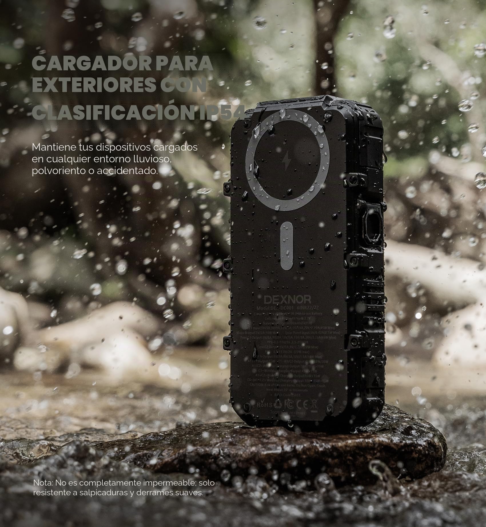 Dexnor Power Bank Solar 27.000mAh con Carga Rápida 65W PD3.0 & QC3.0, Batería Externa Portátil con Cargador Inalámbrico, Linterna y Mosquetón - Compatible con MagSafe y Qi