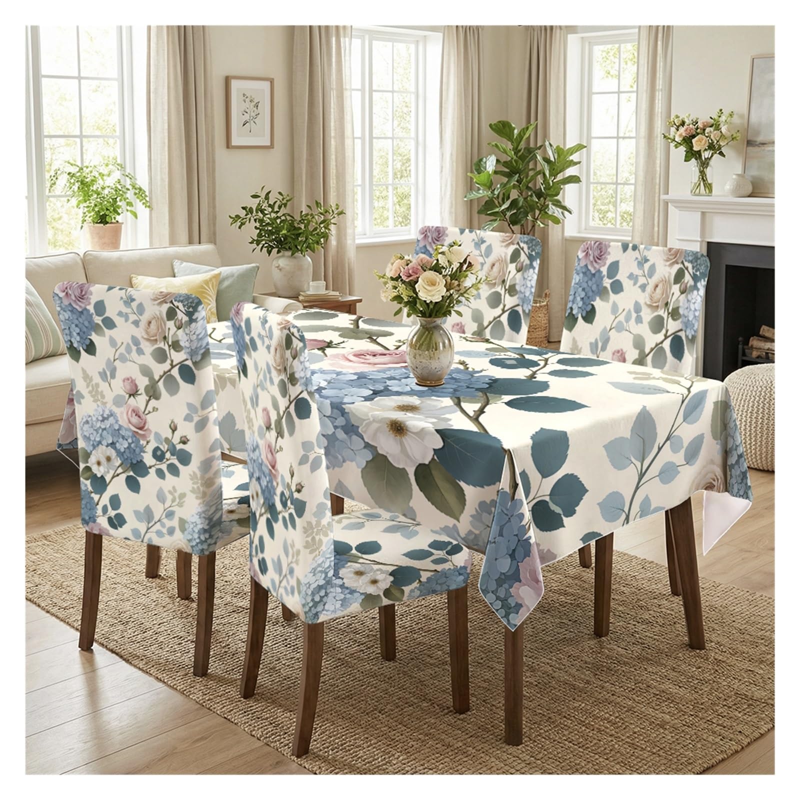 BOSUYBN Soft Blue Hydrangea & Pink Rose Dining Tablecloth & Chair Covers Set, 5/7 Piece Gentle Pastel Floral Dining Decor Table Setting(5pcs Set: Tablecloth+Chair Covers)