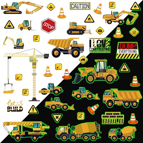 Miniatura 4 de Calcomanías de pared de construcción que brillan en la oscuridad, 39 calcomanías luminosas de pared de dibujos animados, calcomanías autoadhesivas