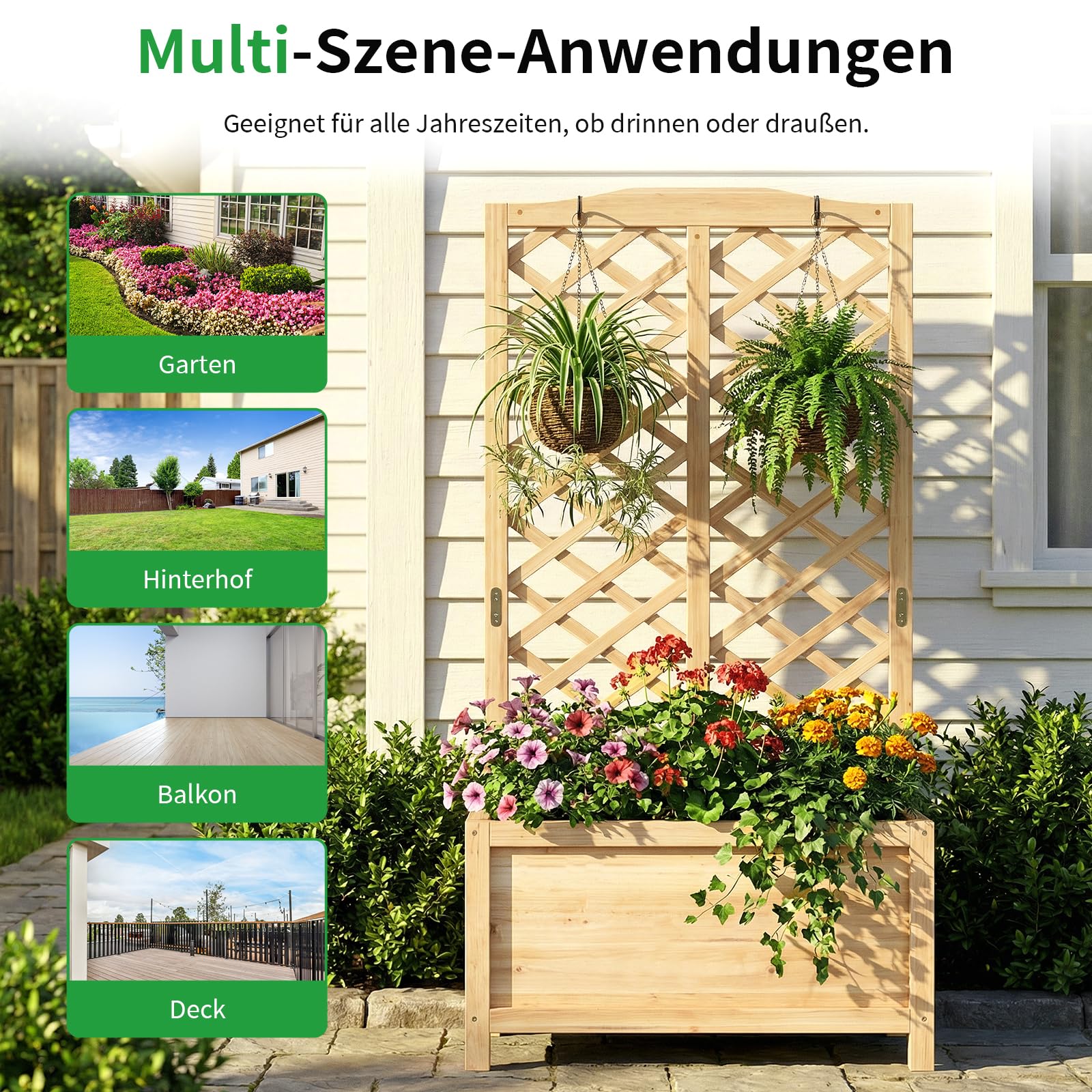 SUNYRISY Holz Hochbeet mit Rankgitter Blumenkasten mit Rankhilfe | Garten Pflanzkübel mit Spalier, Sichtschutz Garten Pflanzkasten Pflanzkübel für Anbau Kletterpflanzen, 76 x 40 x 150 cm