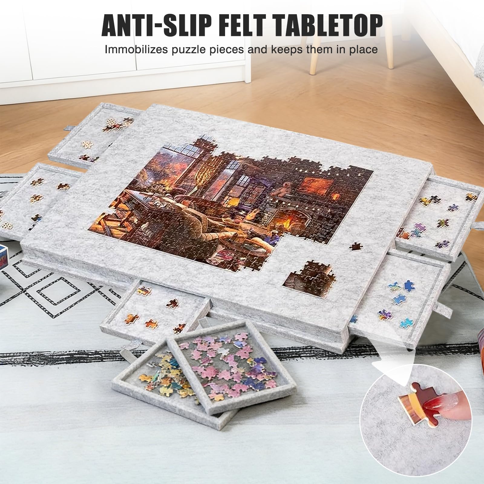 Table puzzle inclinable avec support et couvercle 2 en 1, planche à puzzle portable avec 6 tiroirs, rangement pliable pour adultes et enfants, convient pour jusqu'à 1000 pièces (gris)