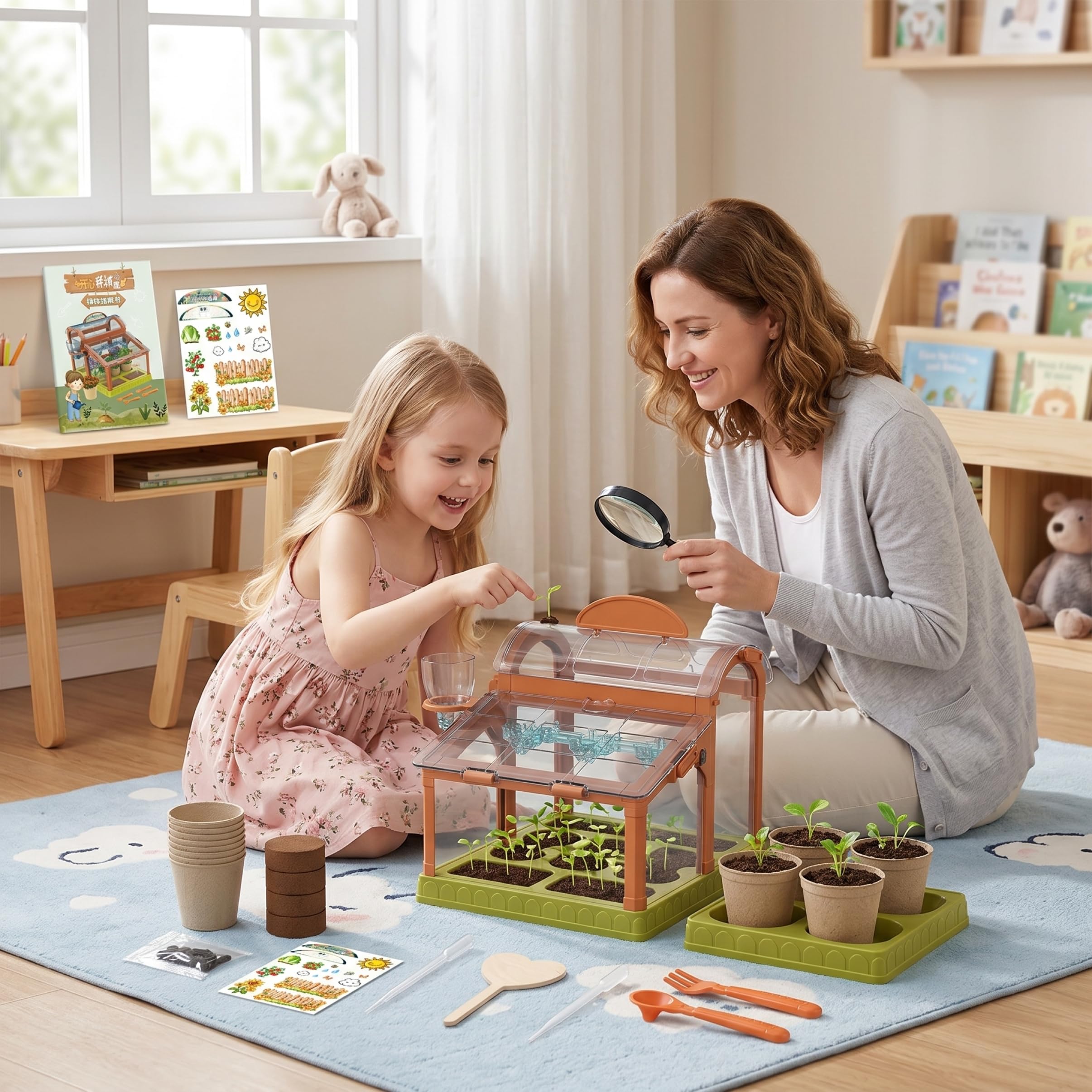 Kit de cultivo de plantas para niños, mini invernadero completo con luz LED de cultivo y herramientas, kit educativo de de plantas de interior para el hogar y la escuela