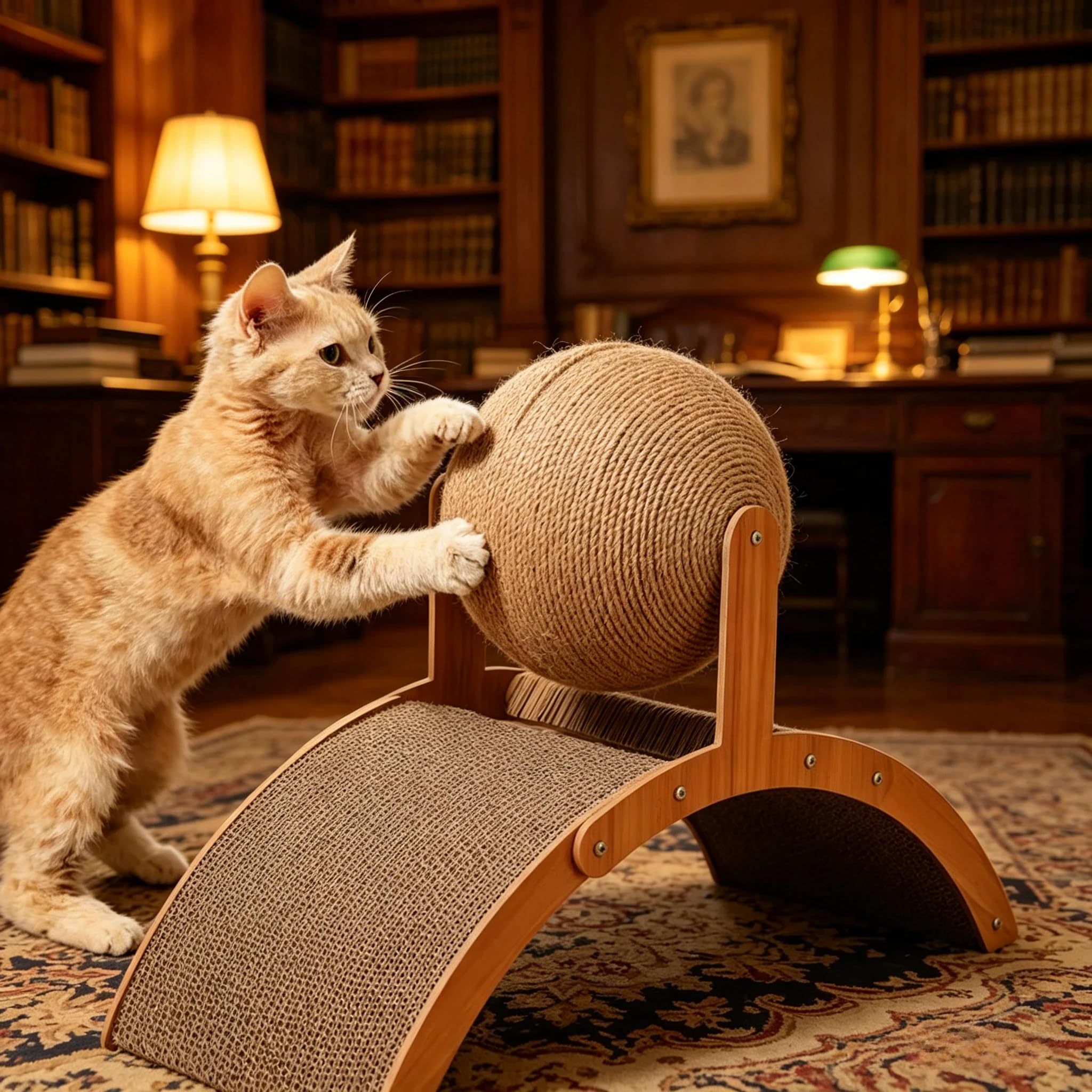 Palla tiragraffi interattiva in sisal con palla rotante a 360°, design ad arco e ponte, resistente tappetino tiragraffi per gatti da interni, appartamento (L)