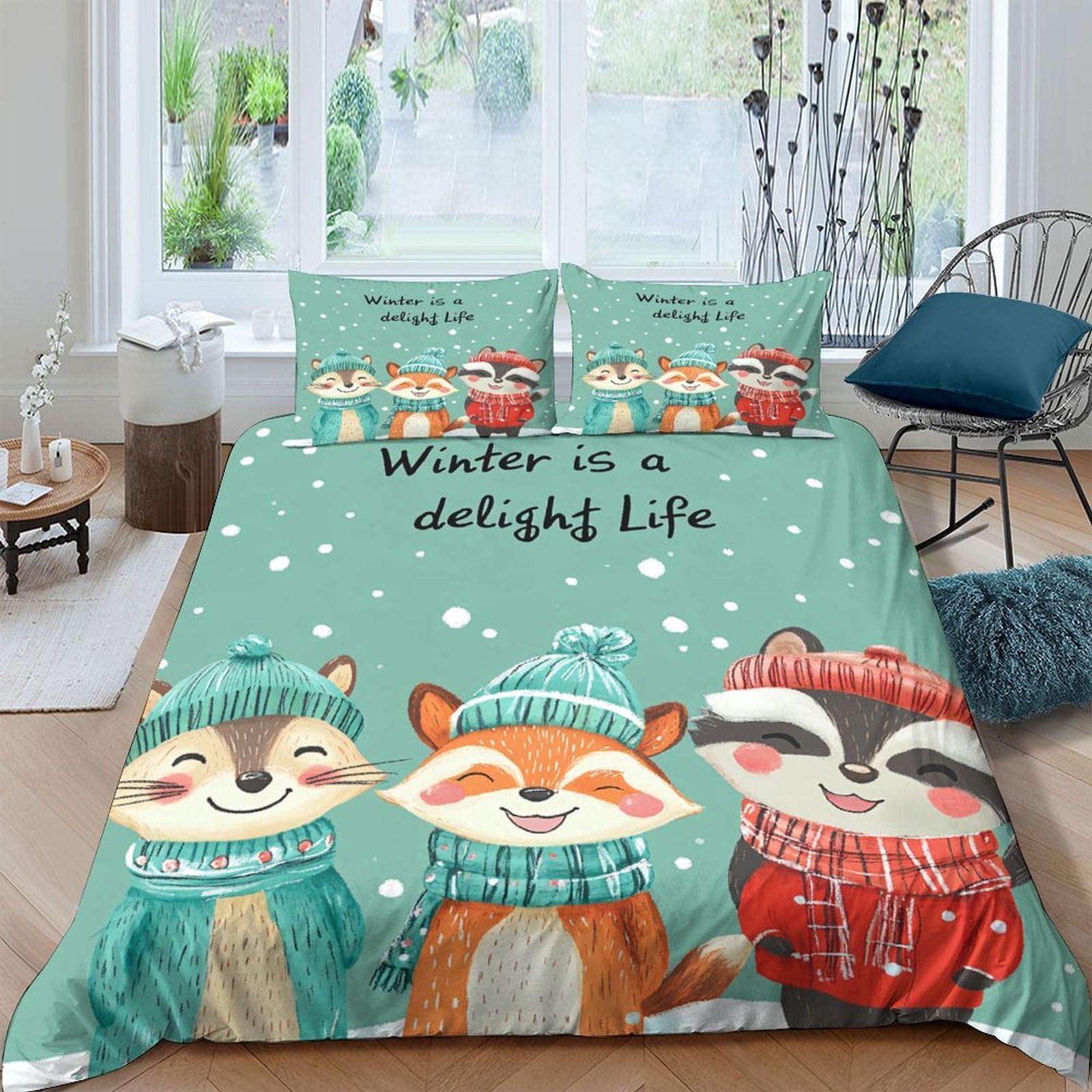TUFRTGYHN 3D Printed Winter Forest Animals Duvet Cover Microfiber Soft Breathable Snowy Woodland Bedding Set with 2 Pillowcases for Bedroom Decor Single（135x200cm）