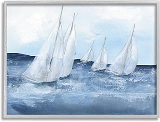 Stupell Industries White Sailboats Coasting Ocean Waters Blue Tide Grey Framed Wall Art, 20 x 16