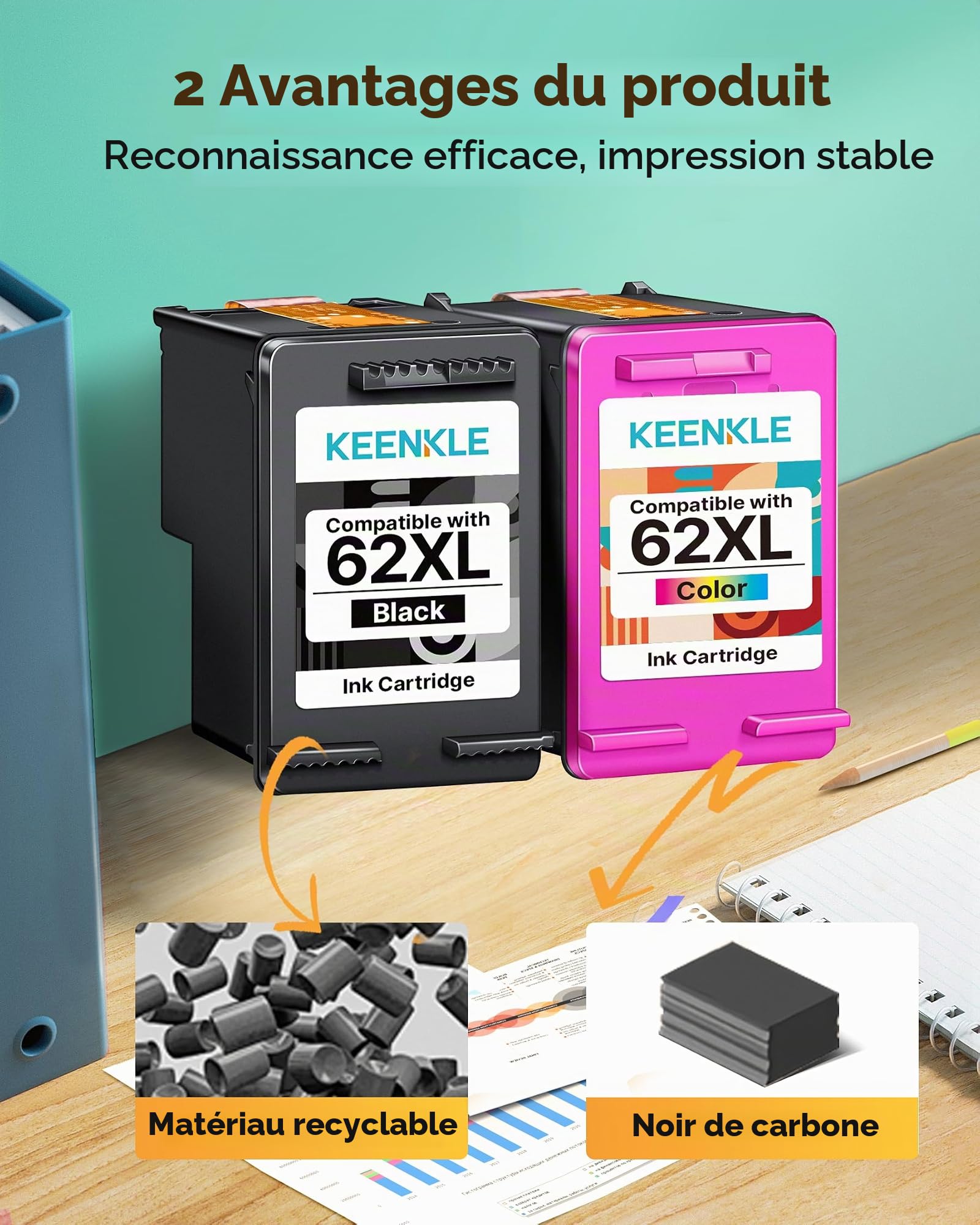 KEENKLE 62XL Cartouche d'encre Remplacement pour Cartouche HP 62 Noir et Couleur 62 XL Compatibles HP Envy 5540 5640 5547 5644 5642 7640 OfficeJet 200 250 5740 5742 (1 Noir,1 Couleur)