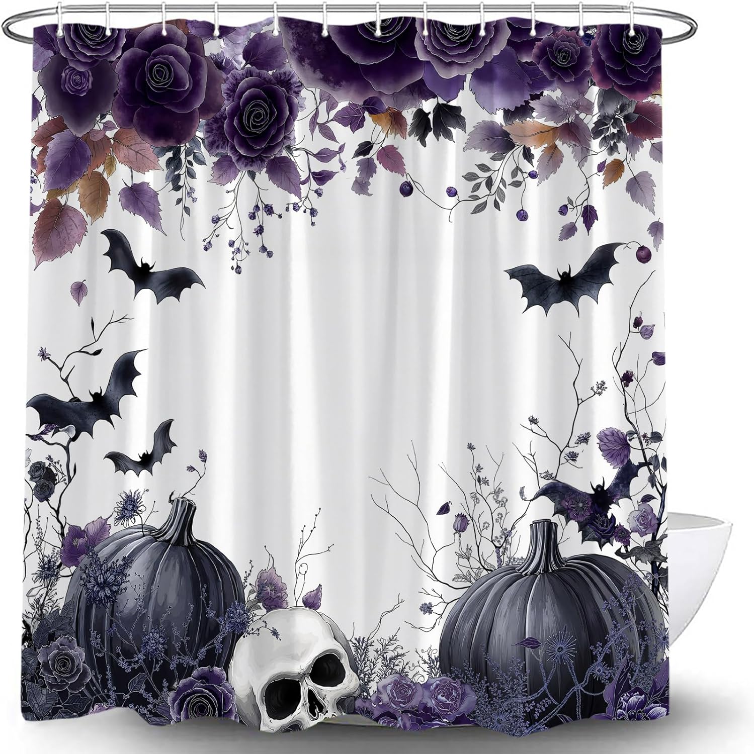 Halloween Shower Curtain Gothic Skull Bat Pumpkin Horror Purple Flower Scary Rose Floral Spooky Skeleton Creepy Bathroom Curtain with Hooks