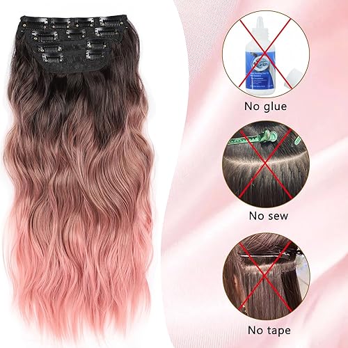 Miniatura 4 de Extensiones de cabello sintético ondulado con clip, de 20 pulgadas de grosor, extensiones de cabello rosa con clip de doble trama para mujer (20