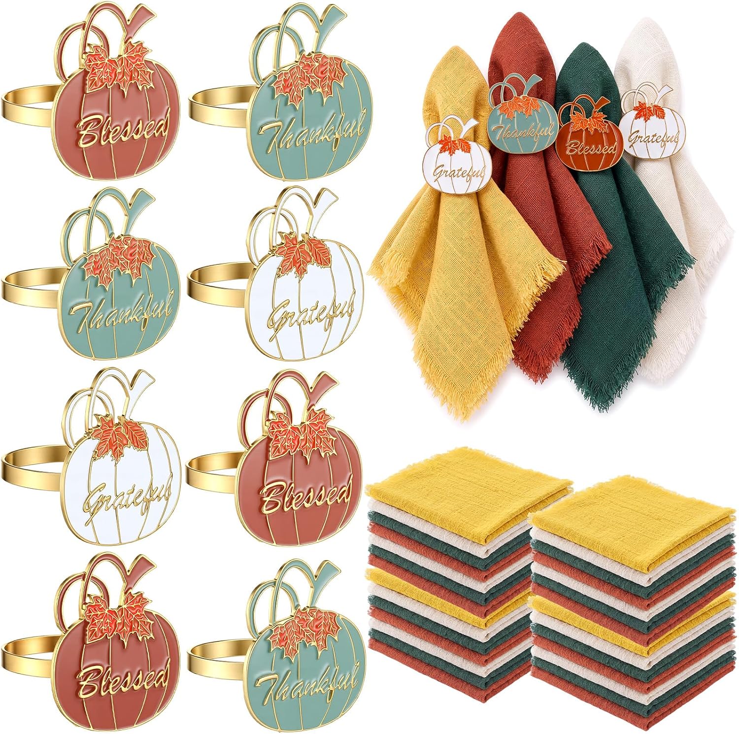 24 Pcs Fall Pumpkin Napkin Ring Set 12 Pumpkin Maple Leaf Napkin Rings