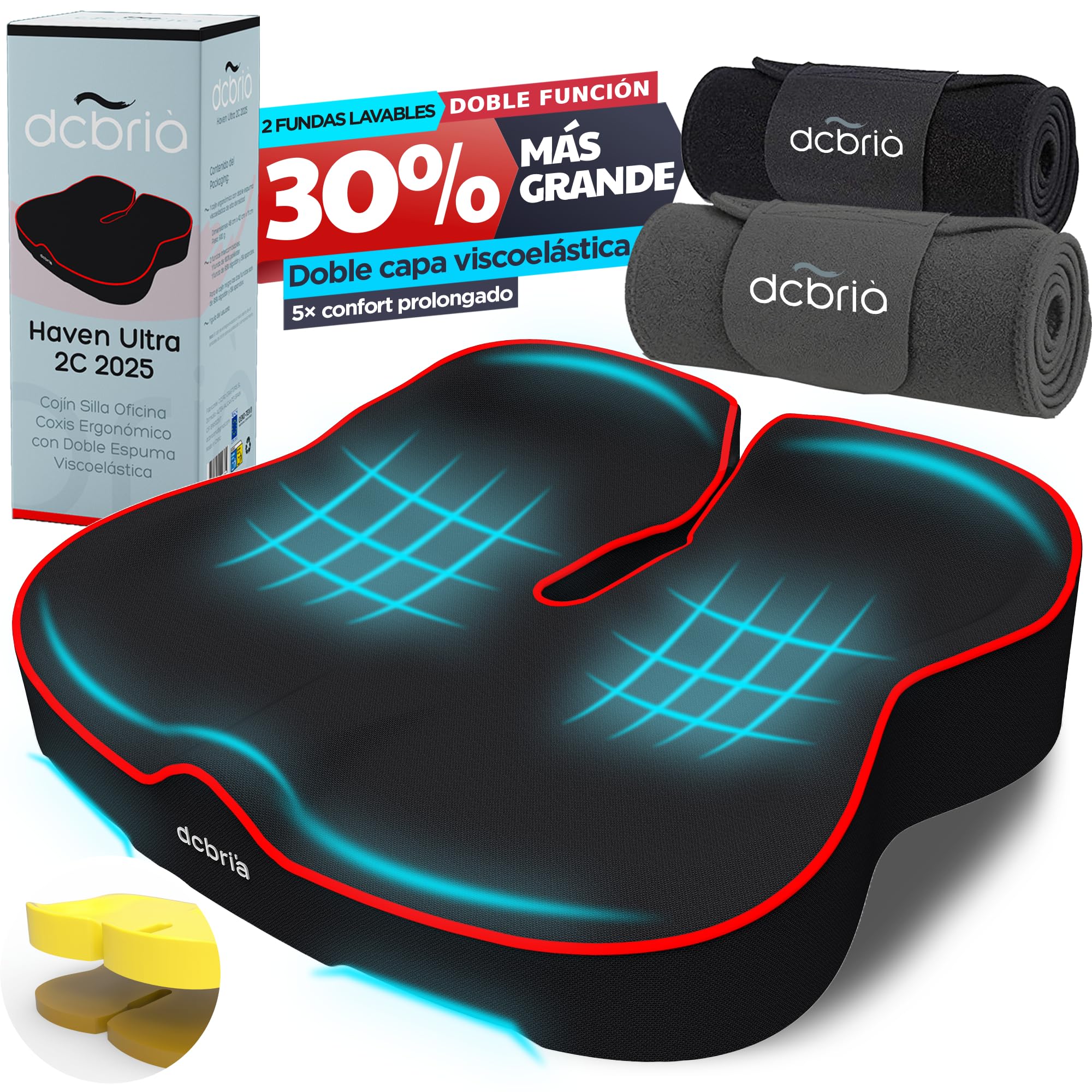 Cojin Silla Oficina Coxis Ergonomico Grande con Espuma Viscoelastica Dos Capas Doble Funcion para Alivio Presion Ciatica Cadera Espalda Funda Lavable Extra Ideal Hogar Gaming Relax Sofa Cama Lectura