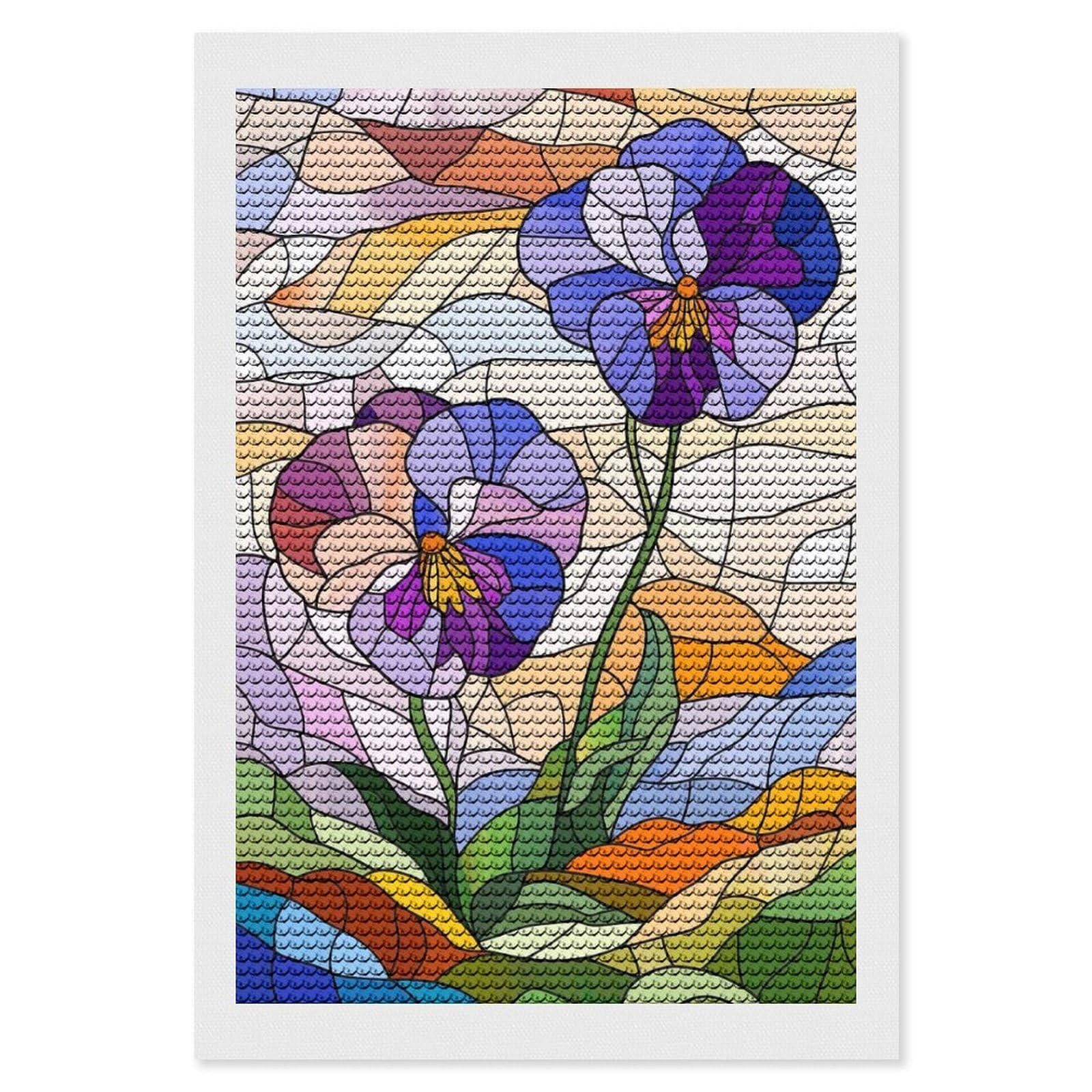 Junmoney Stained Glass Pansies Round Drill Diamond Painting 8"x12", for Craft Lovers, Stress Relief Craft, Bedroom Decor, Festive Craft Gift