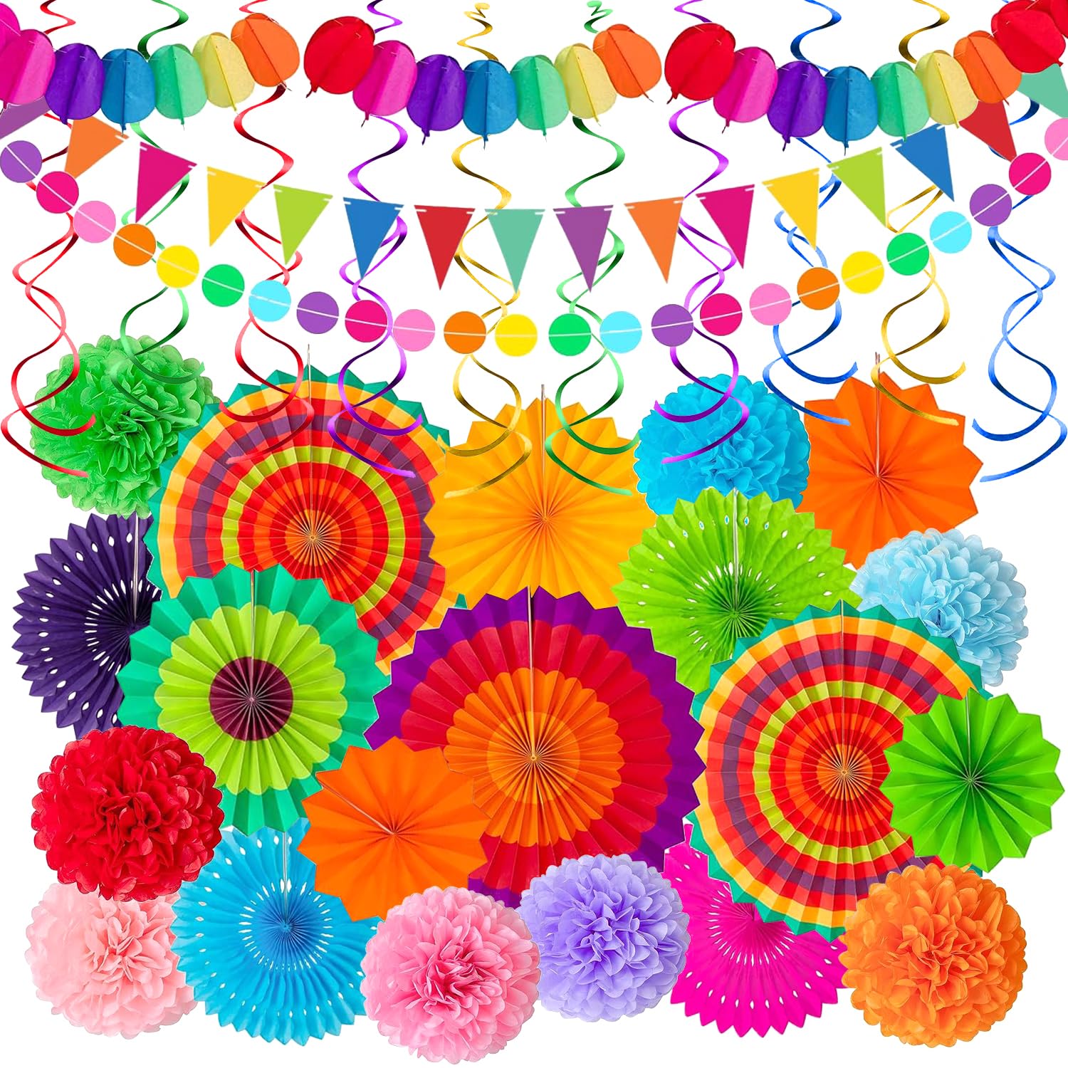35 Pcs Cinco de Mayo Fiesta Hanging Decorations – Colorful Paper Fans, Pom Poms, Hanging Swirls and Fiesta Banners Set for Mexican Party, Taco Night