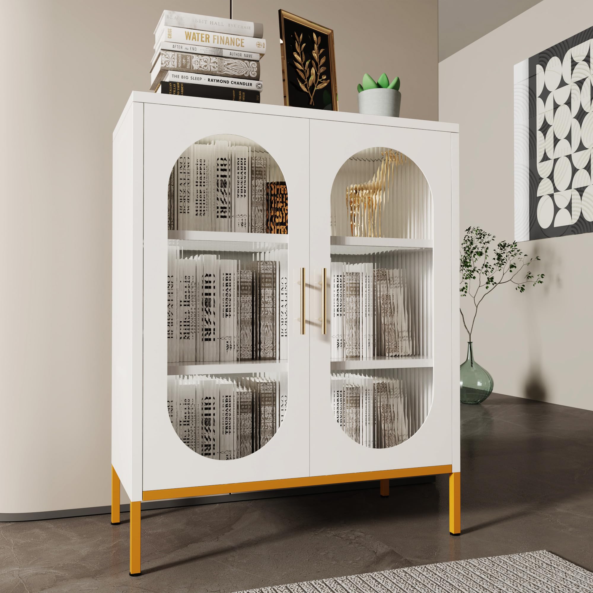 Nobilsteel Accent Cabinet with Glass Doors, 2 Removable Shelves, Metal Sideboard Buffet Cabinets for Office Hallway Kitchen Dining, White