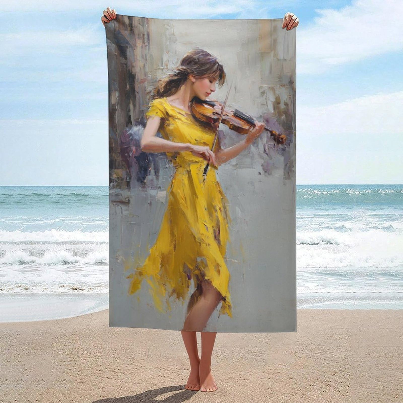 asbwuo Beautiful Yellow Dress Woman Playing The Violin Beach Towel