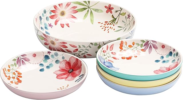 Bico Flower Carnival Ceramic Pasta Bowl, Set of 5(1 Unit 6330ml, 4 Units 1035ml), for Pasta, Salad, Microwave & Dishwasher Safe