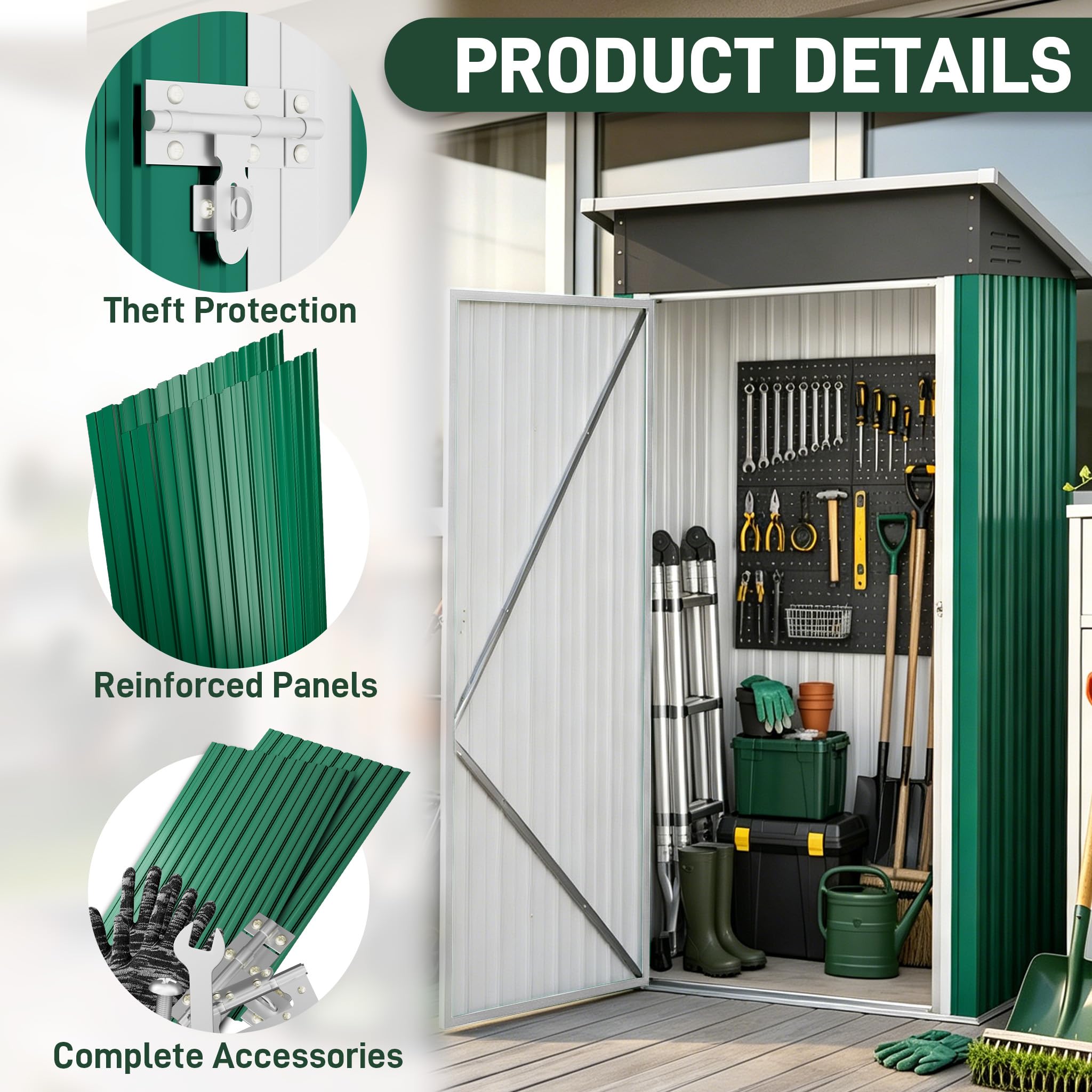 UISEBRT Cobertizo de metal 1,5 m³ 108 x 91 x 185 cm, resistente a la intemperie, con techo inclinado y orificios de ventilación, caseta de jardín con cerradura para herramientas de jardín