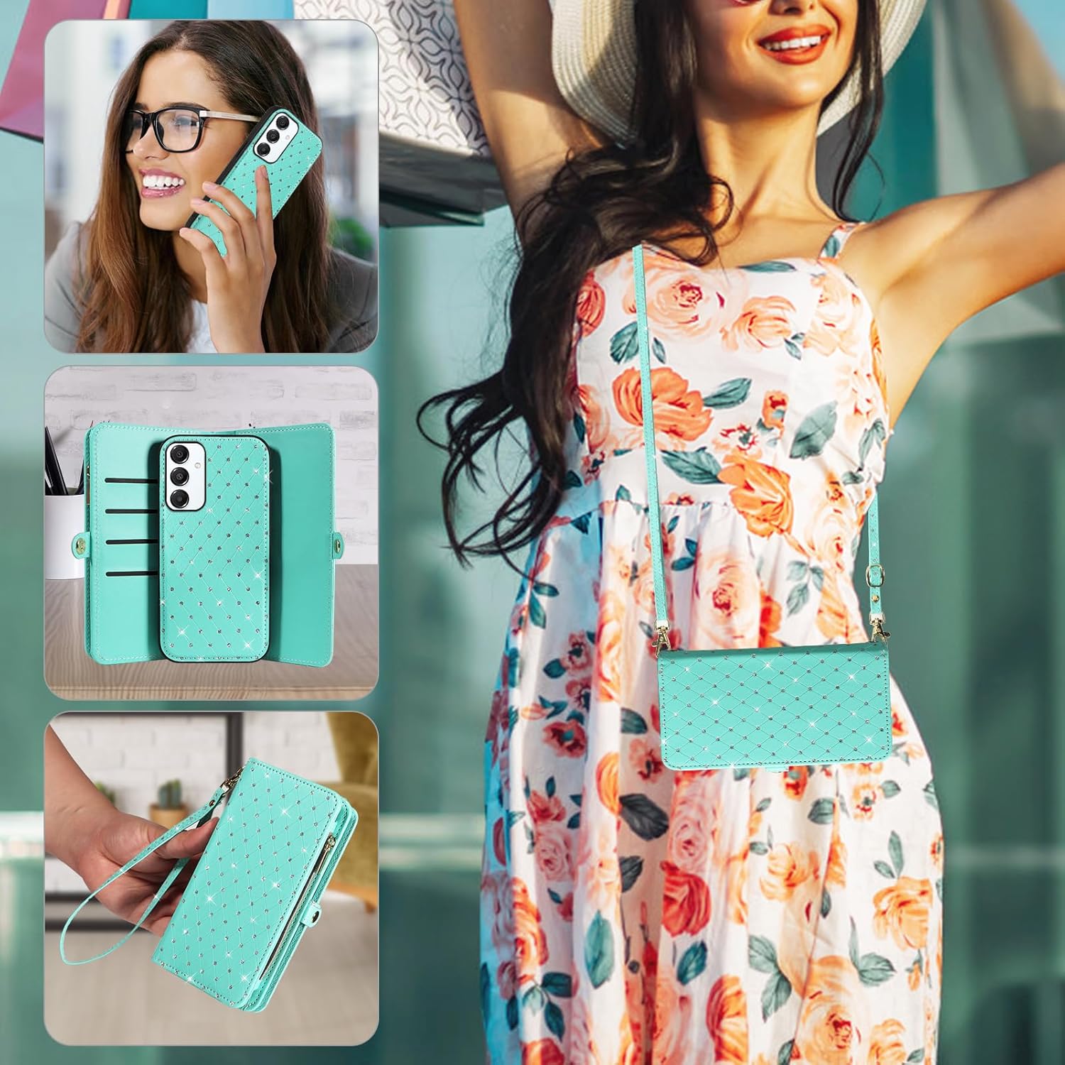 Phone Case for Samsung Galaxy A16 5G/4G Zipper Wallet Detachable Cell Cover with Screen Protector Crossbody Lanyard Strap Bling Glitter Flip Card Holder Slot A 16 16A SM-A166U Women Men Girls Green