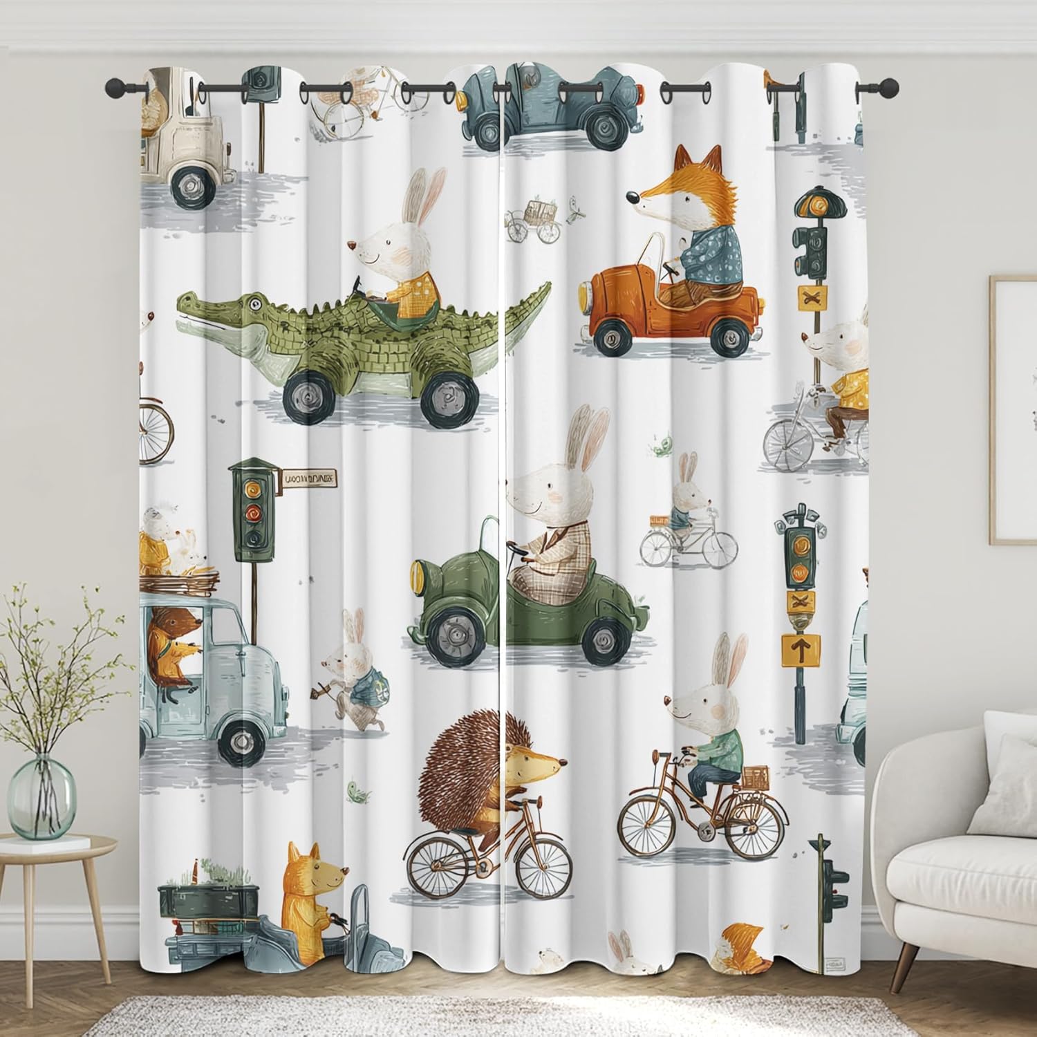 Cartoon Animals Kids Curtains for Boys Bedroom, City Street Car Vehicles Blackout Curtains 63 Inches Long, Thermal Insulated Window Drapes for Nursery & Room Decor 42Wx63L