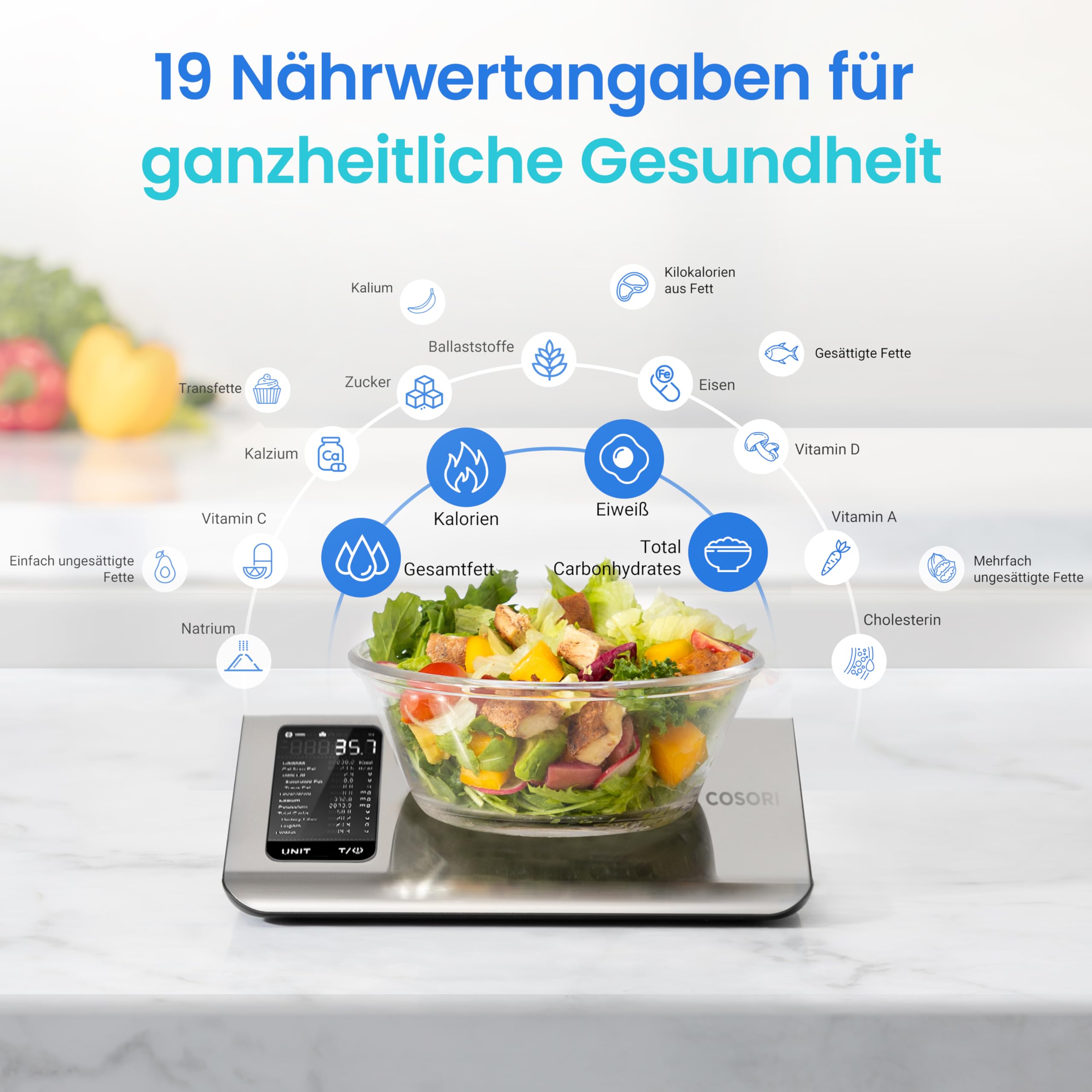 Cosori Küchenwaage digital mit Nährwertberechnung, Edelstahl, 5KG-1g, Silber