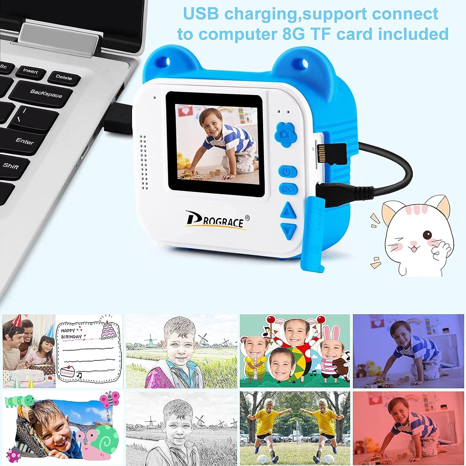 Review PROGRACE Upgrade Kids Camera Instant Print Camera for Kids Zero Ink 12M HD Digital Video Camcorder for Birthday Gift Toy for Boys Aged 4-12 Blue Bundled with Printing Paper(6 Rolls of Printing Paper)