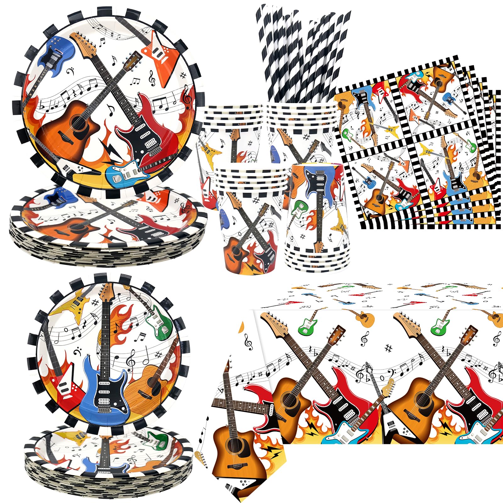 Fournitures de fête guitare avec assiettes, tasses et nappe pour anniversaire