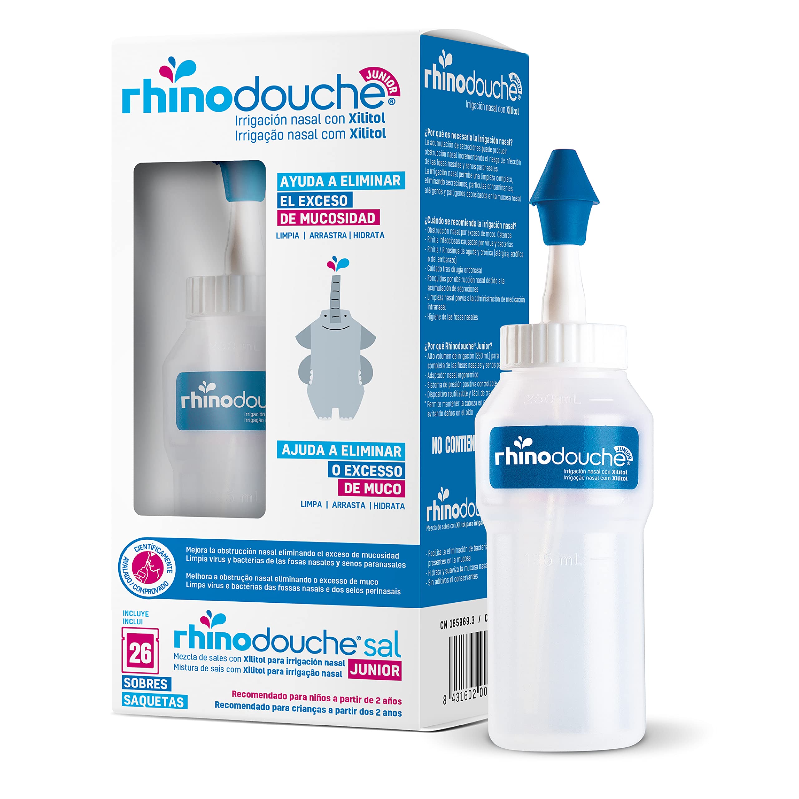 RHINODOUCHE Urgo Junior Nasal Wash Starter Pack contient 250 ml de fil dentaire nasal + 26 sachets de 2,5 g contenant un mélange de sel de xylitol.