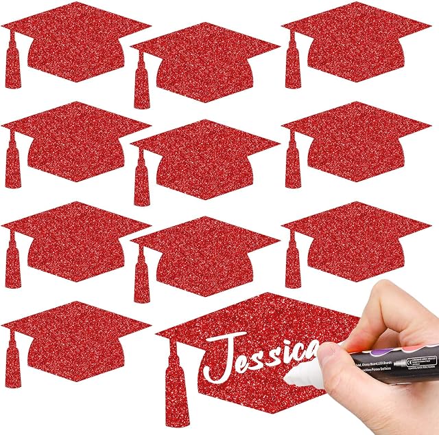 Whaline 50Pcs Grad Caps Cutouts Glitter Red Graduation Paper Cutting with 100Pcs Glue Points Grad Cap with Tassel Shaped Confetti for High School College Graduation Party Supplies, 5.7 Inch