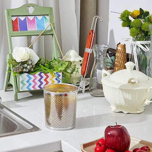 Miniatura 3 de Tessco 6 unidades de cestas de pasta de acero inoxidable con mango de madera, malla de cocina, colador de pasta de araña, colador de alimentos,
