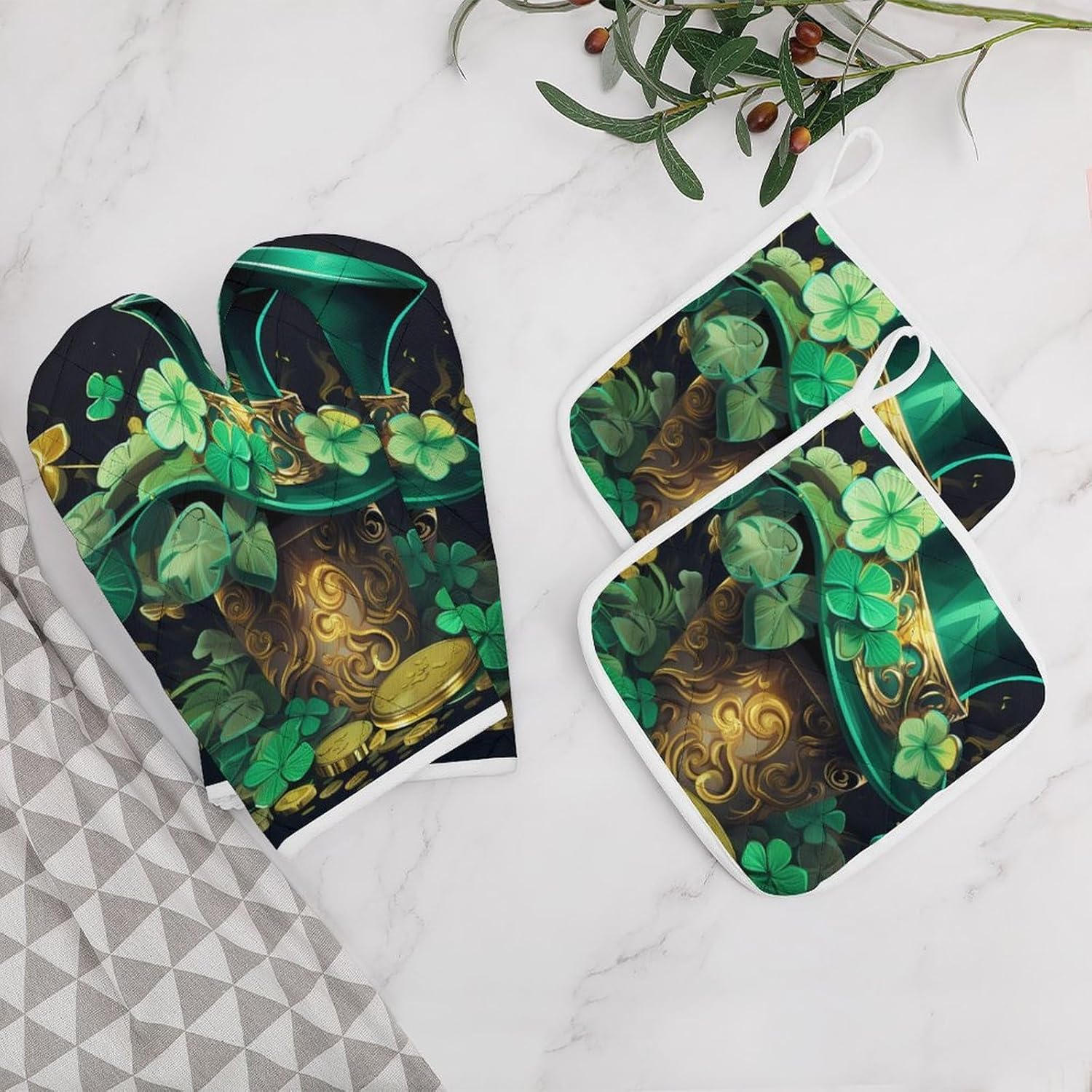 St. Patrick Day Shamrock Leaves Golden Coin 4 Pcs Oven Mitts and Pot Holders Set High Heat Resistant Long Kitchen Oven Glove Potholders