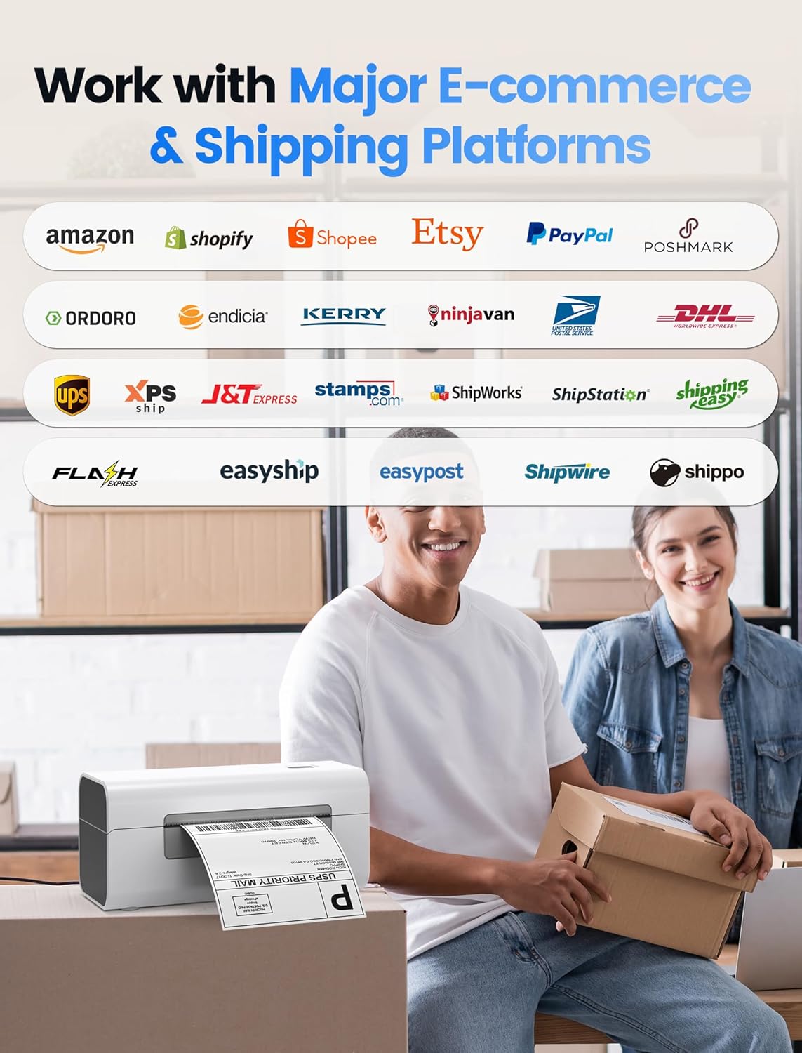 Logos of various e-commerce and shipping platforms, including Amazon, Shopify, Etsy, USPS, UPS, FedEx, and more, indicating the BPXX D465B printer's broad compatibility.