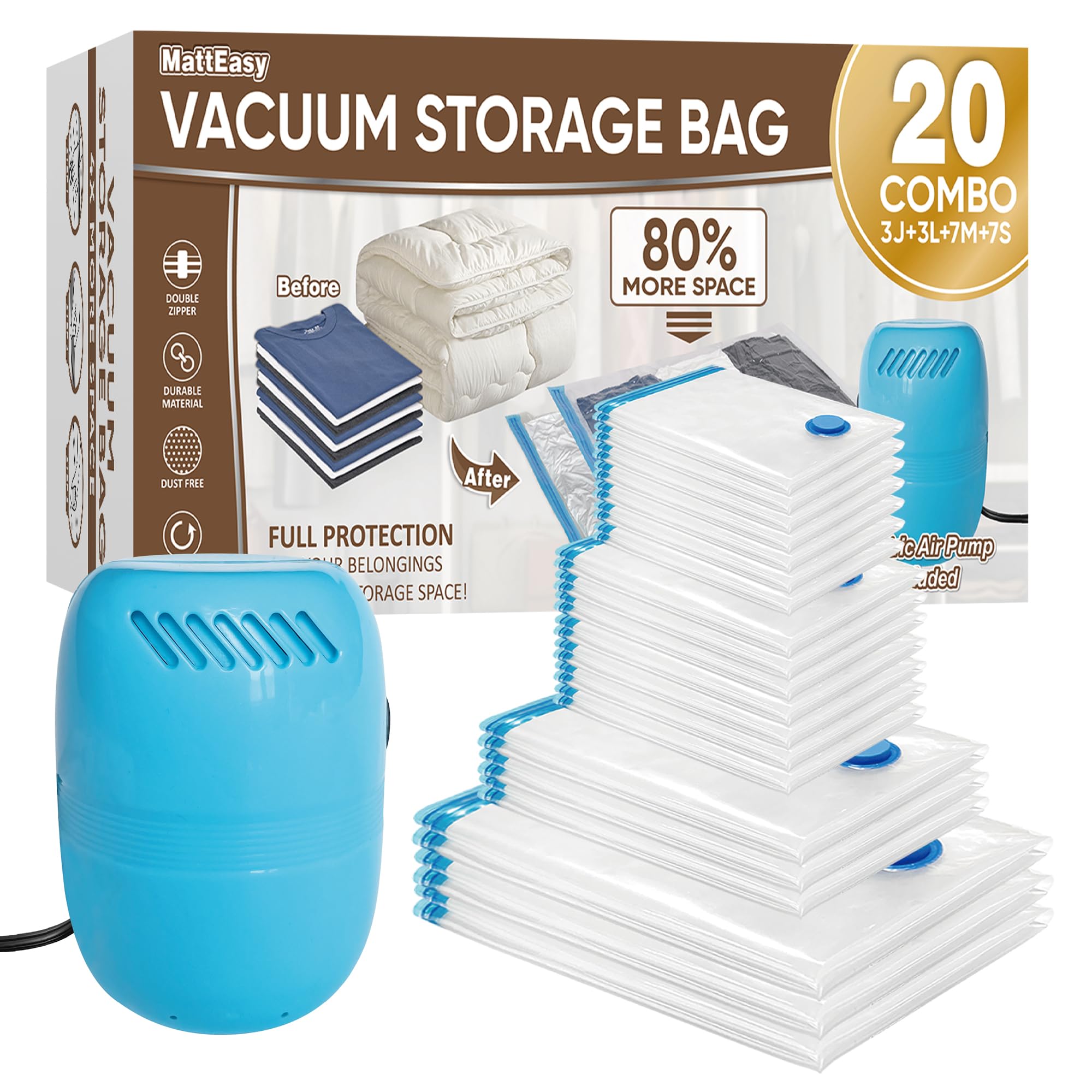 MattEasy Bolsas de almacenamiento al vacío con bomba eléctrica, paquete de 20 (3 jumbo, 3 grandes, 7 medianas, 7 pequeñas), bolsas de ahorro de espacio con bomba, bolsas selladas al vacío para ropa,