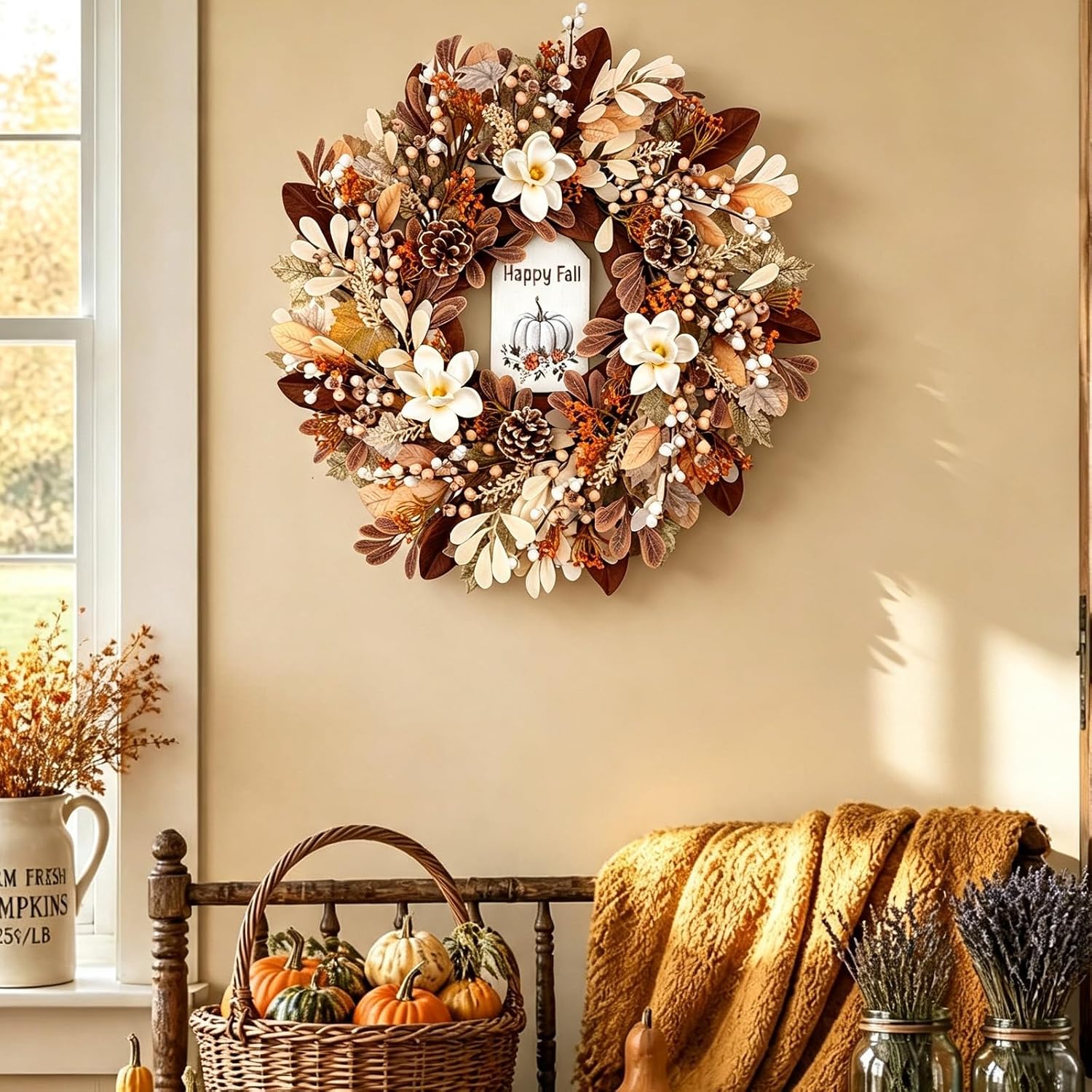 24 Inch Fall Wreath for Front Door Harvest Autumn Wreath