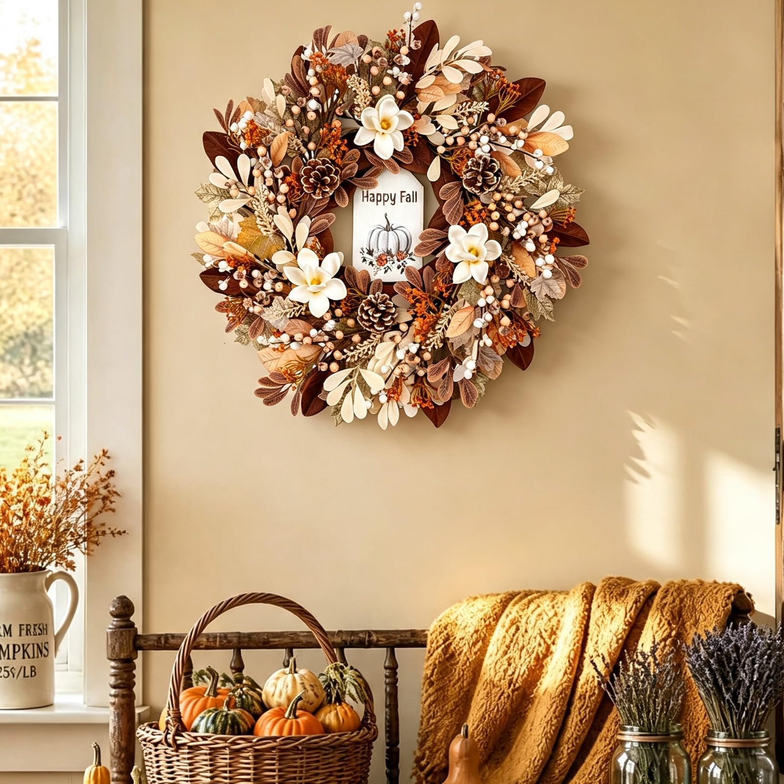 Couronne d'automne pour porte d'entrée - Décorations de Thanksgiving d'automne