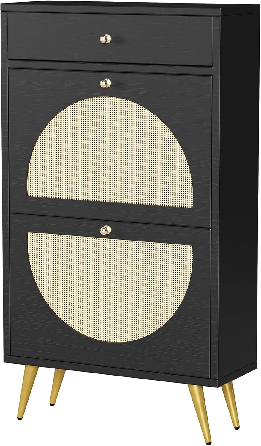 Shintenchi Shoe Rack Storage Cabinet with 2 Semi-Circular Rattan Doors and 1 Drawer, Freestanding Shoe Cabinet with Adjustable Shelf for Front Door Entrance, Hallway, Walnut