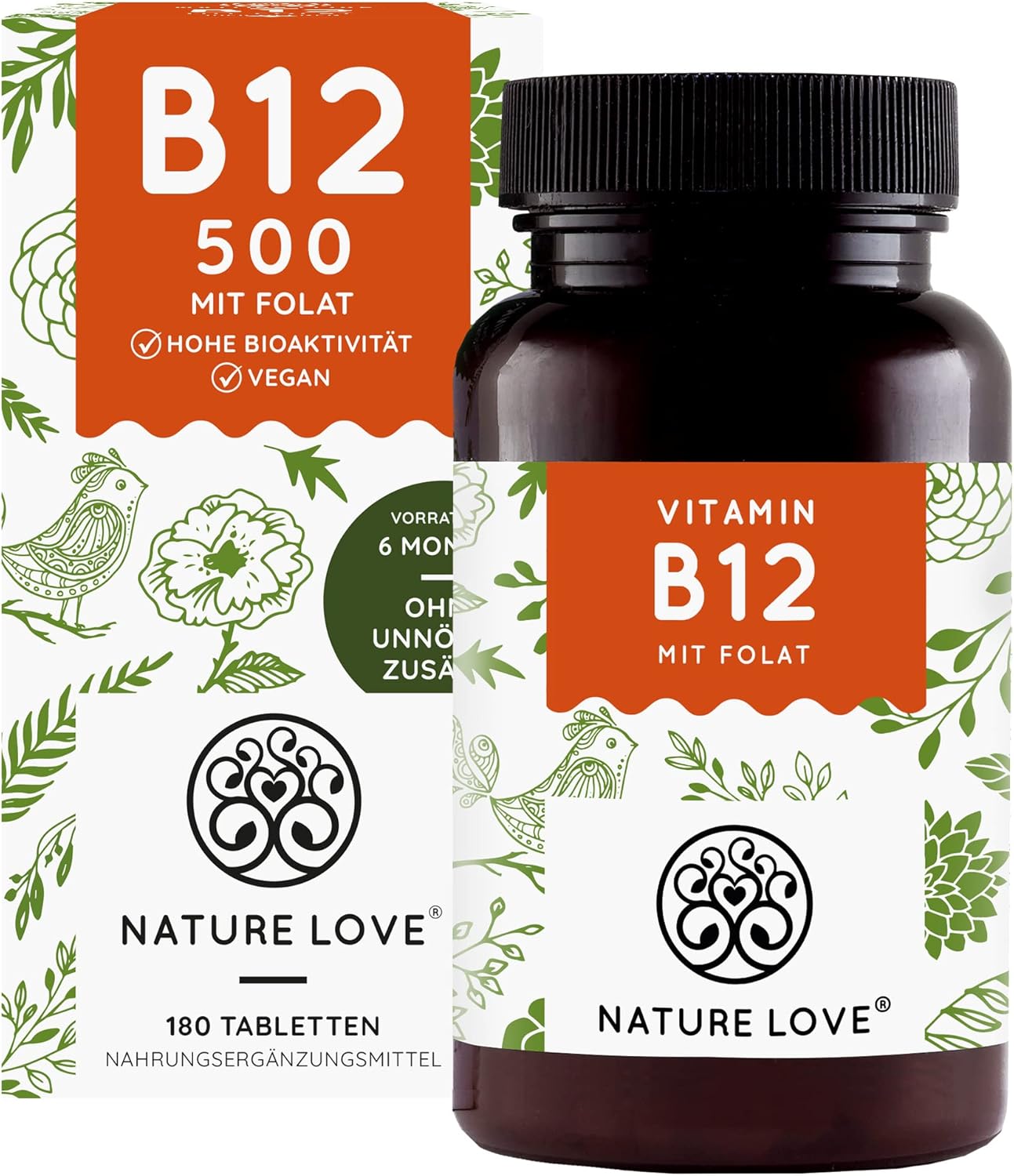 NATURE LOVE® Vitamin B12 Vegan 500 µg pro Tagesdosis 180 Tabletten Beide aktive Formen
