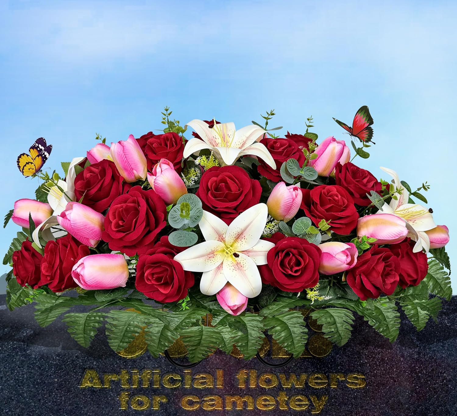 Artificial Cemetery Flowers - Headstone Flower Saddle，Non-Bleed Colors, and Easy Fit - Pink Tulip，White Lily and Red Rose Bouquet