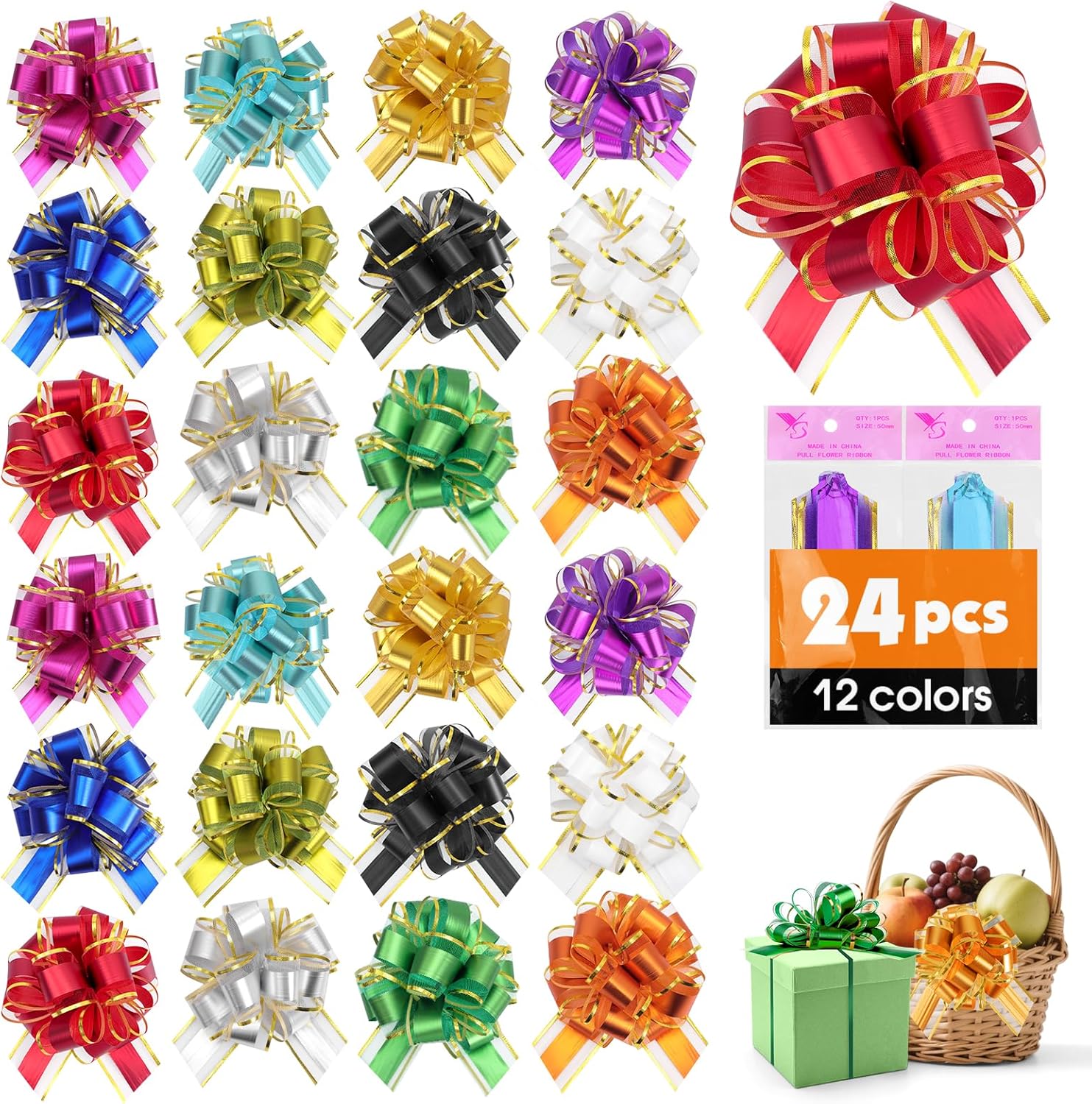 24 Pcs Pull Bows for Gift Baskets, 12 Colors 6 Inches Large Gift Bows for Presents, Phnom Penh Gift Wrap Bows for Presents & Crafts, Pull Ribbon Gift Bows for Party, Christmas, Thanksgiving.