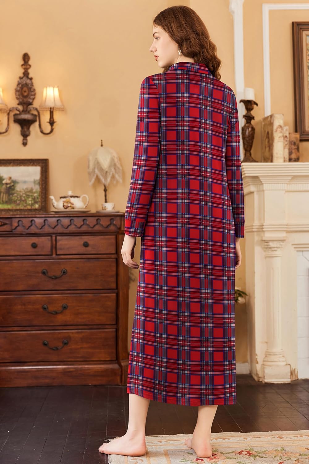 Ekouaer Nightgowns for Women Long Sleeve Sleepshirt Button Nightshirt Plaid Full Length Sleepwear with Pockets S-XXXL - Image 4