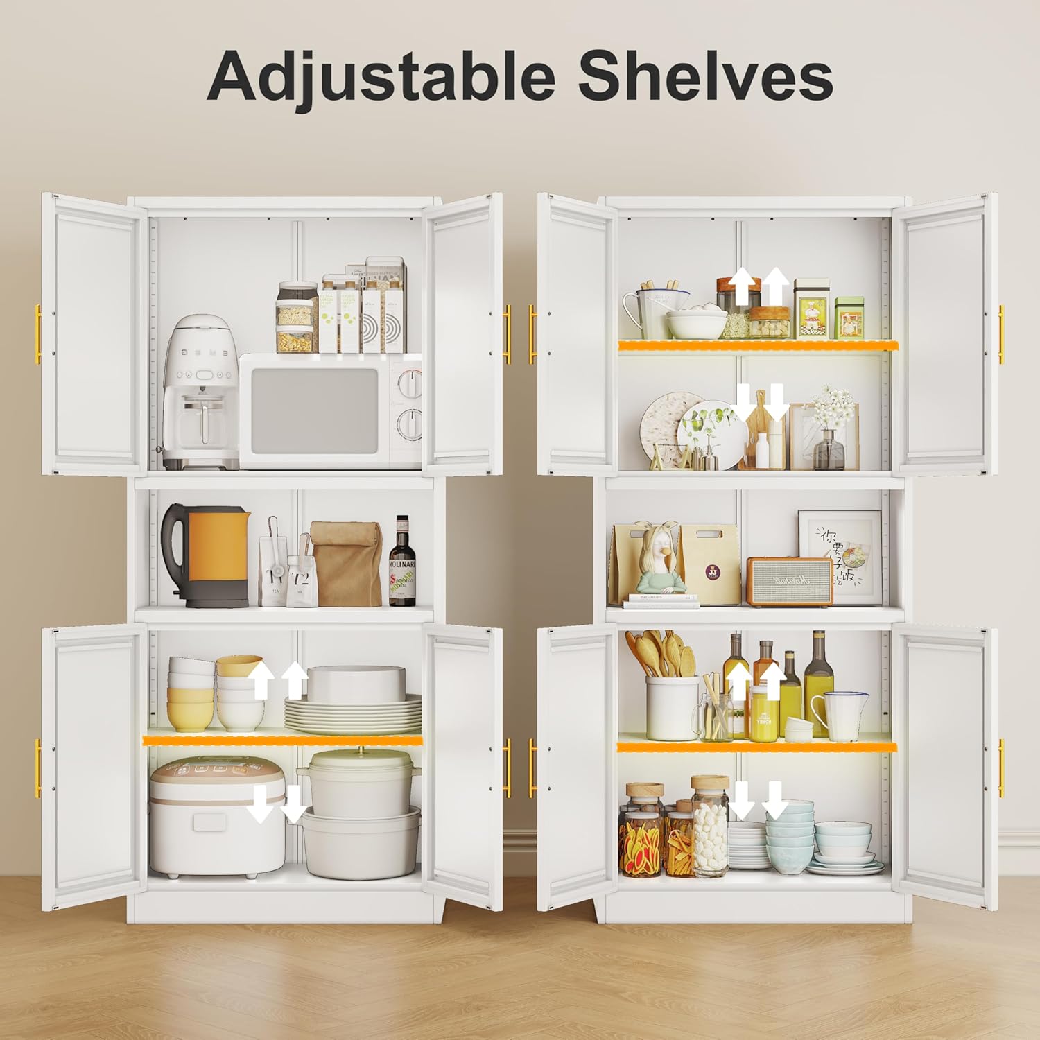 winiowa 61" Tall Kitchen Pantry Storage Cabinet, Metal Bathroom Storage Cabinet with Doors and Adjustable Shelves,White Kitchen Cabinets with Microwave Stand, Large Cupboard for Bathroom Dining Room