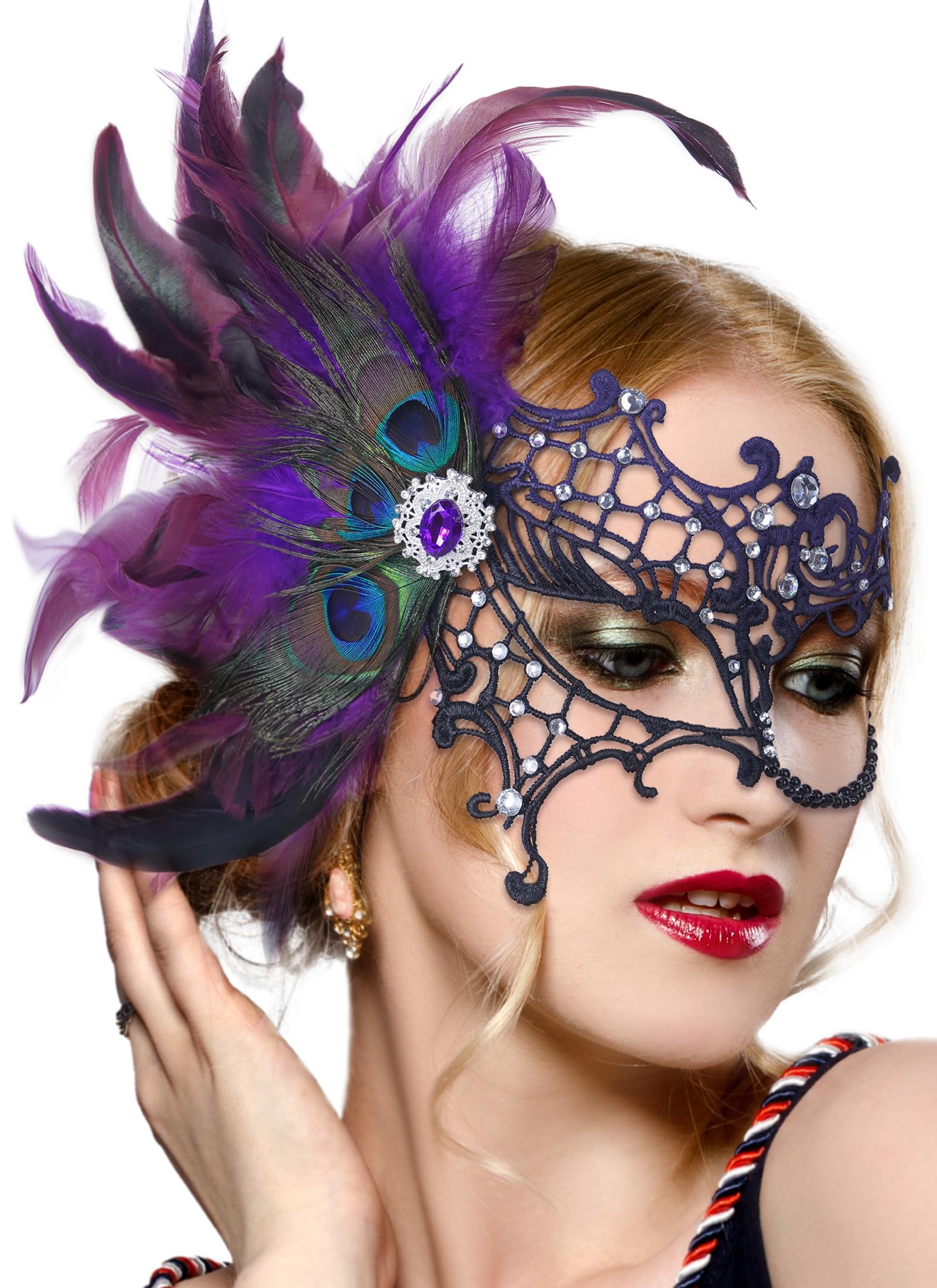 Photo 1 of Zinniday Halloween Masquerade Masks for Women -2026 Black Purple Peacock Feather Lace Mask, 1920s 50s Antique Venetian Eyemask for Woman Cosplay Party Evening Carnival Costume Prom Renaissance