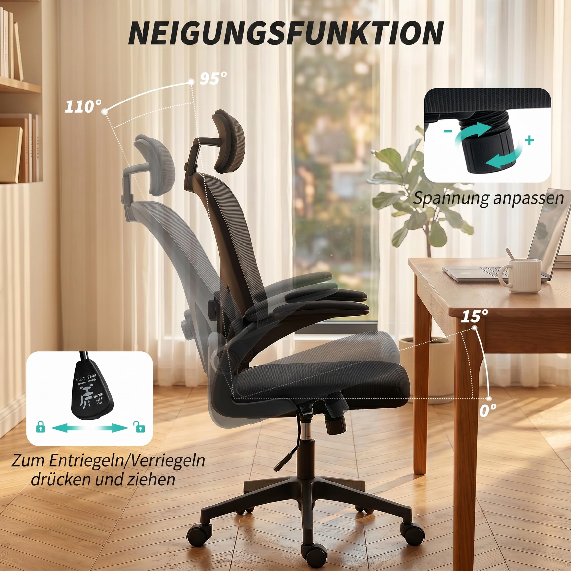 HOMCOM Bürostuhl Ergonomischer Schreibtischstuhl mit Kopfteil Schwarz | Hochklappbare Armlehnen, Verstellbare Lendenwirbelstütze, Höhenverstellbarer Drehstuhl, Wippfunktion, Netzbespannung