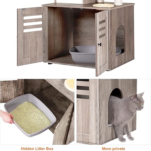 Miniatura 4 de Heybly Árbol para gatos, caja de arena de madera con estación de alimentos, muebles para interiores todo en uno con plataforma grande y condominio,