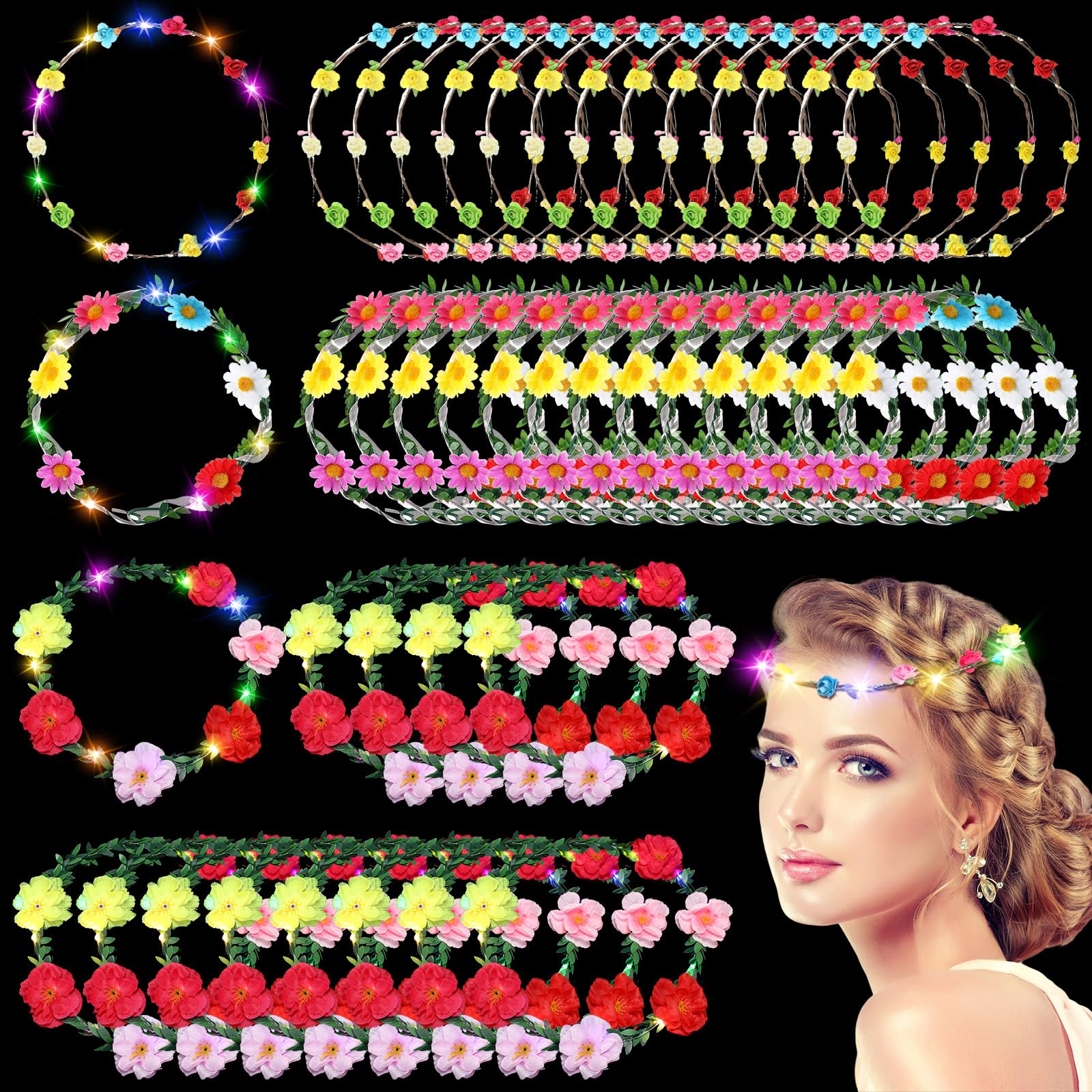 Retrowavy Serre-tête lumineux avec 100 LED - Couronne florale - Accessoires pour cheveux pour femmes et filles - Pour mariage, fête d'anniversaire